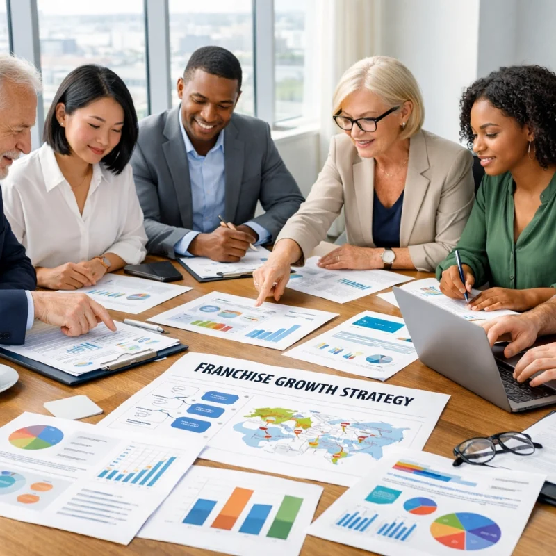 Business team collaborating on franchise development strategy in modern conference room