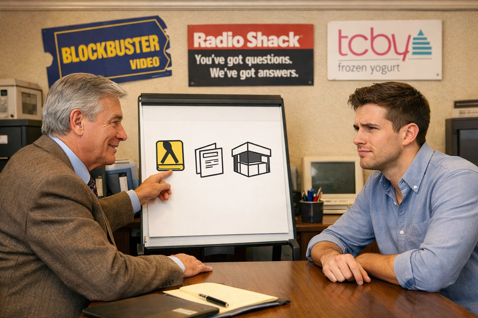 Older franchise consultant presenting outdated marketing strategies to skeptical business owner