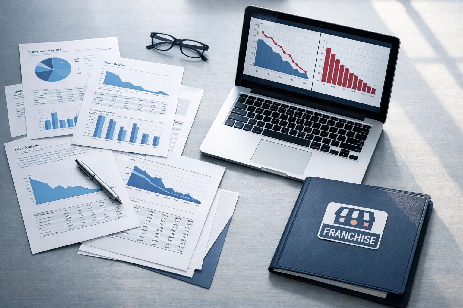 Business documents showing declining franchise sales performance and analytics on conference table