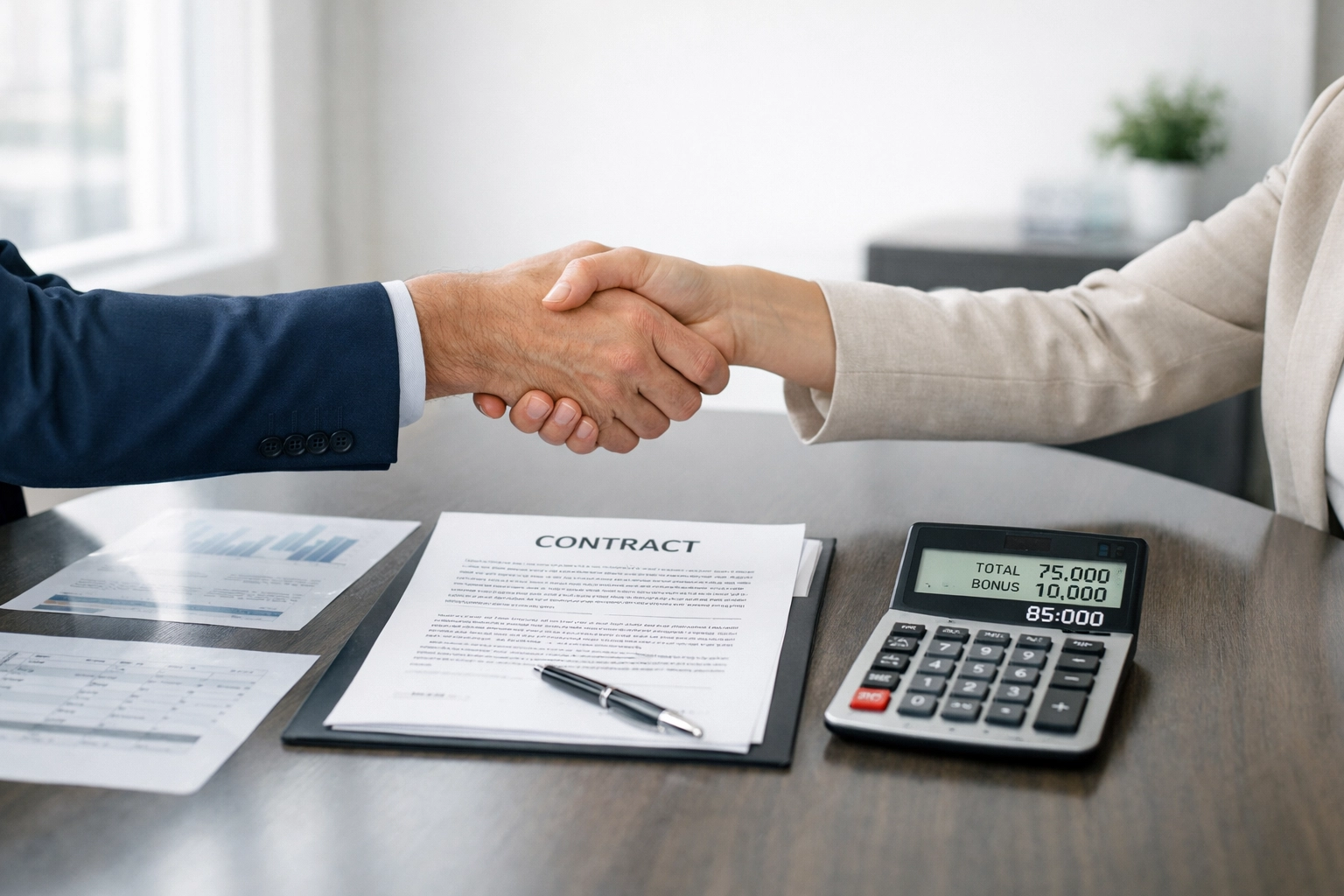 Business handshake representing transparent franchise consultant compensation agreement