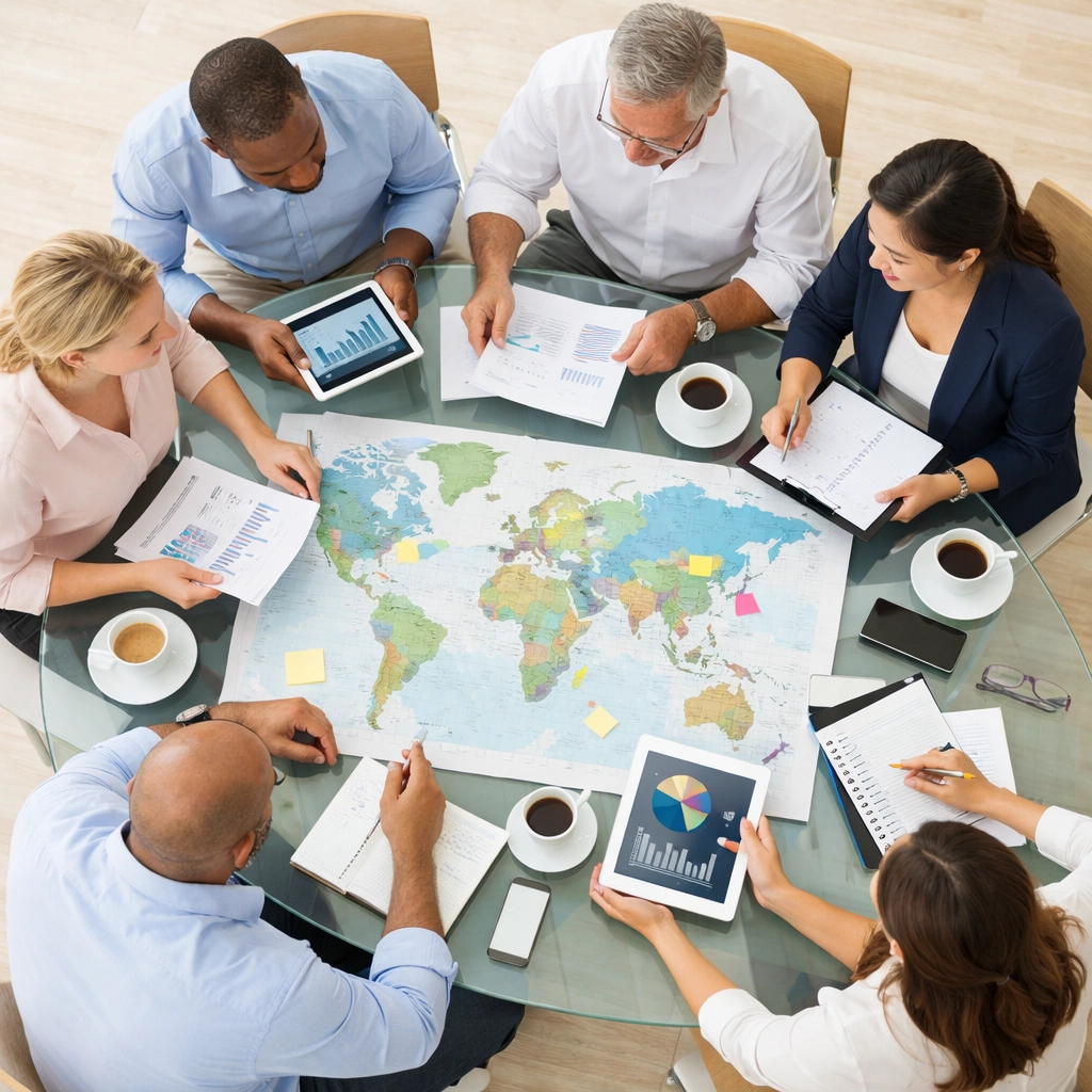 Team planning international franchise expansion strategy with world map and documents