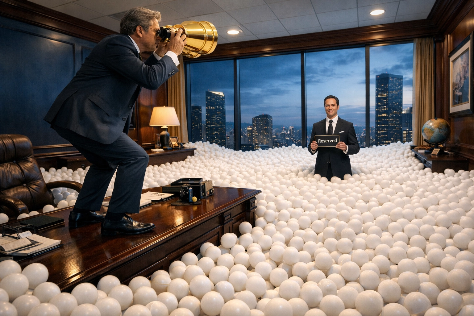 A CEO uses binoculars to identify qualified prospects amidst a sea of leads in the franchise sales cycle.