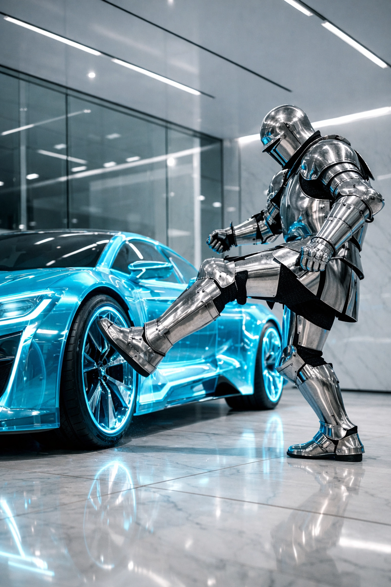 A knight kicks a car tire, symbolizing the challenge of filtering out tire-kickers during franchise sales.