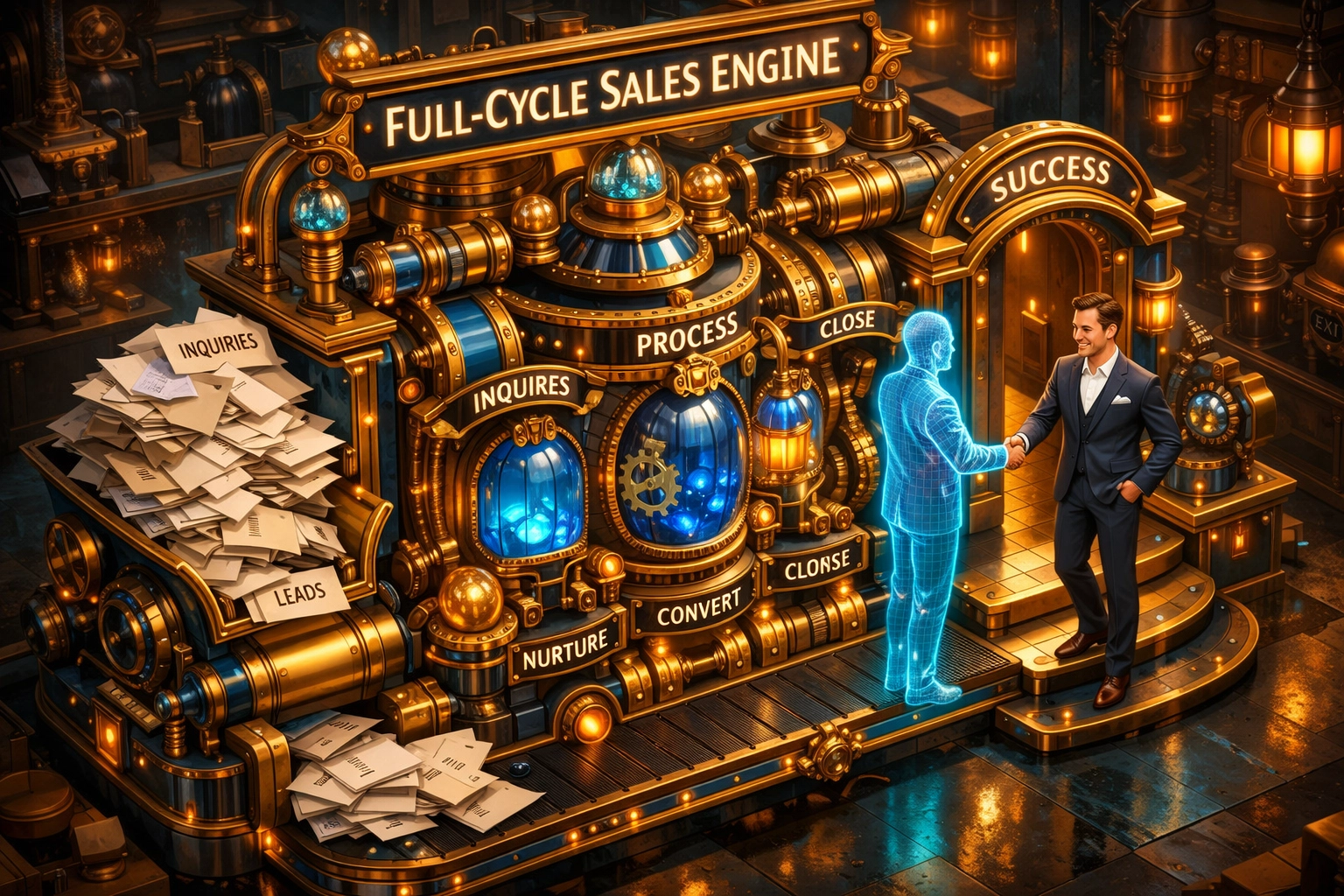 A complex engine converting lead inquiries into brand partners, showcasing an efficient franchise sales process.