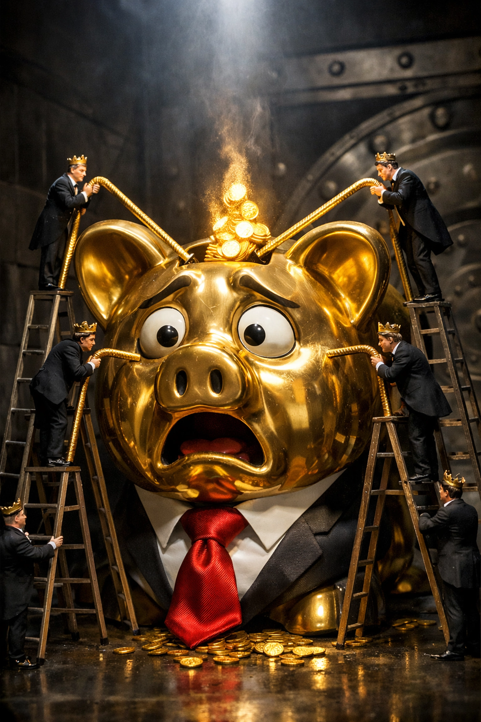 A gold piggy bank in a suit getting its coins siphoned, illustrating profit loss from franchise royalty fees.