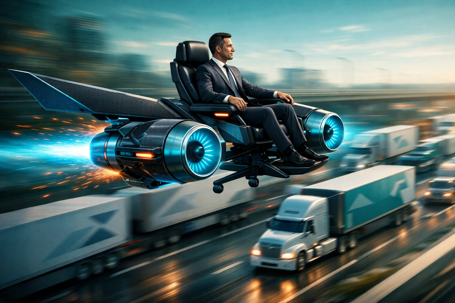 An executive in a jet-powered office chair flying over traffic to illustrate fast franchise brand scaling.