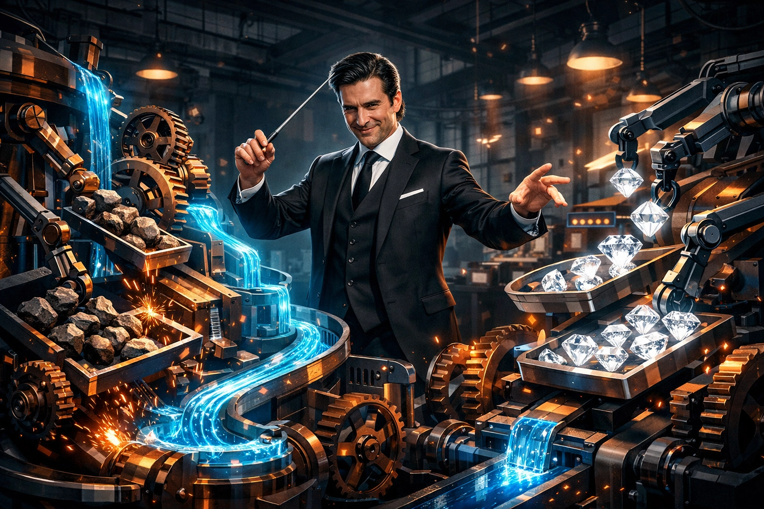 A business maestro orchestrating a complex machine representing FranLift managing the complete franchise sales cycle.