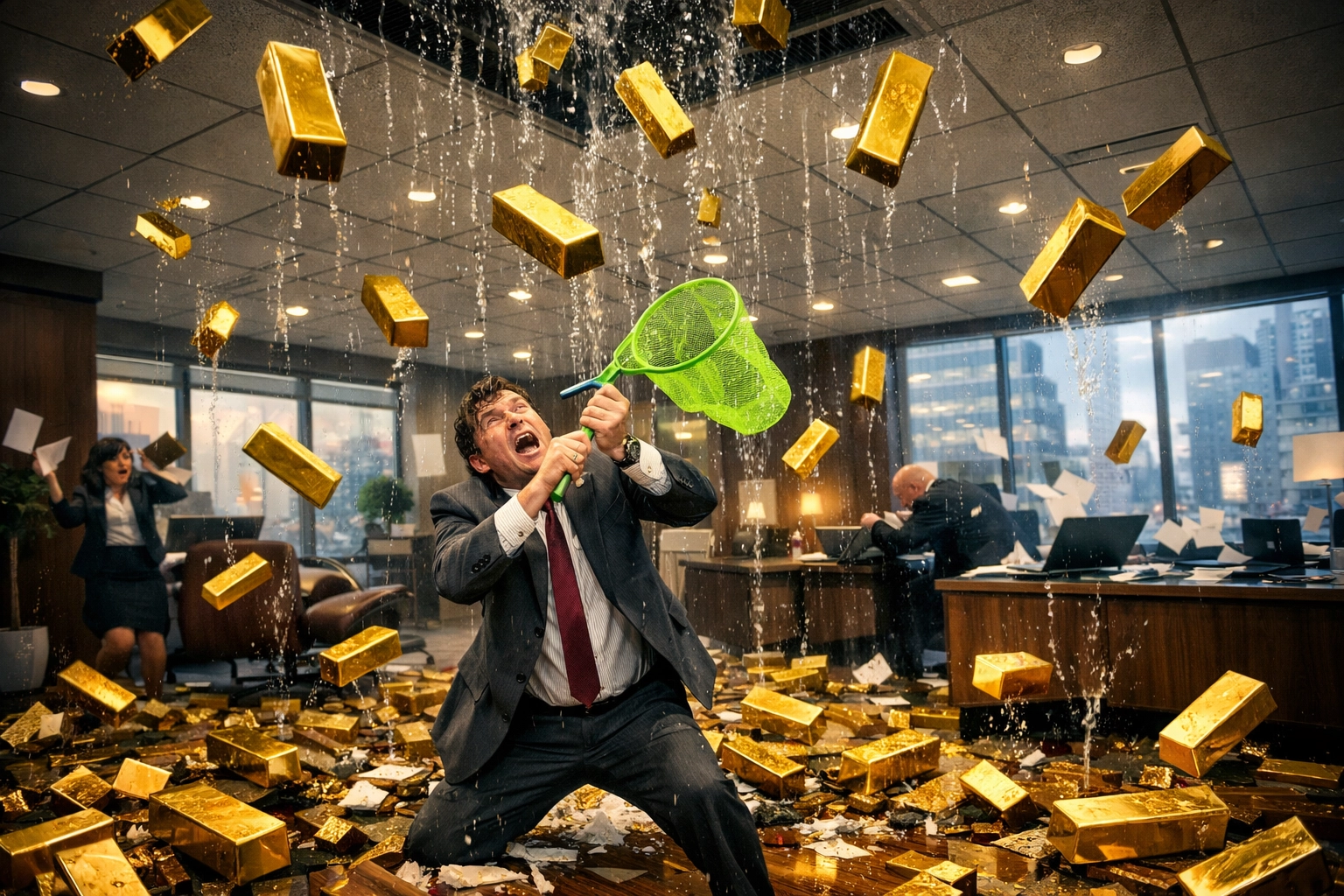 Executive catching gold bars with a weak net, illustrating wasted franchise marketing spend due to poor sales.