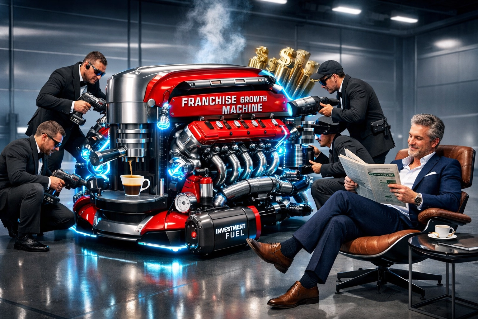 An elite team tuning a franchise development engine, representing FranLift’s no-equity sales model.