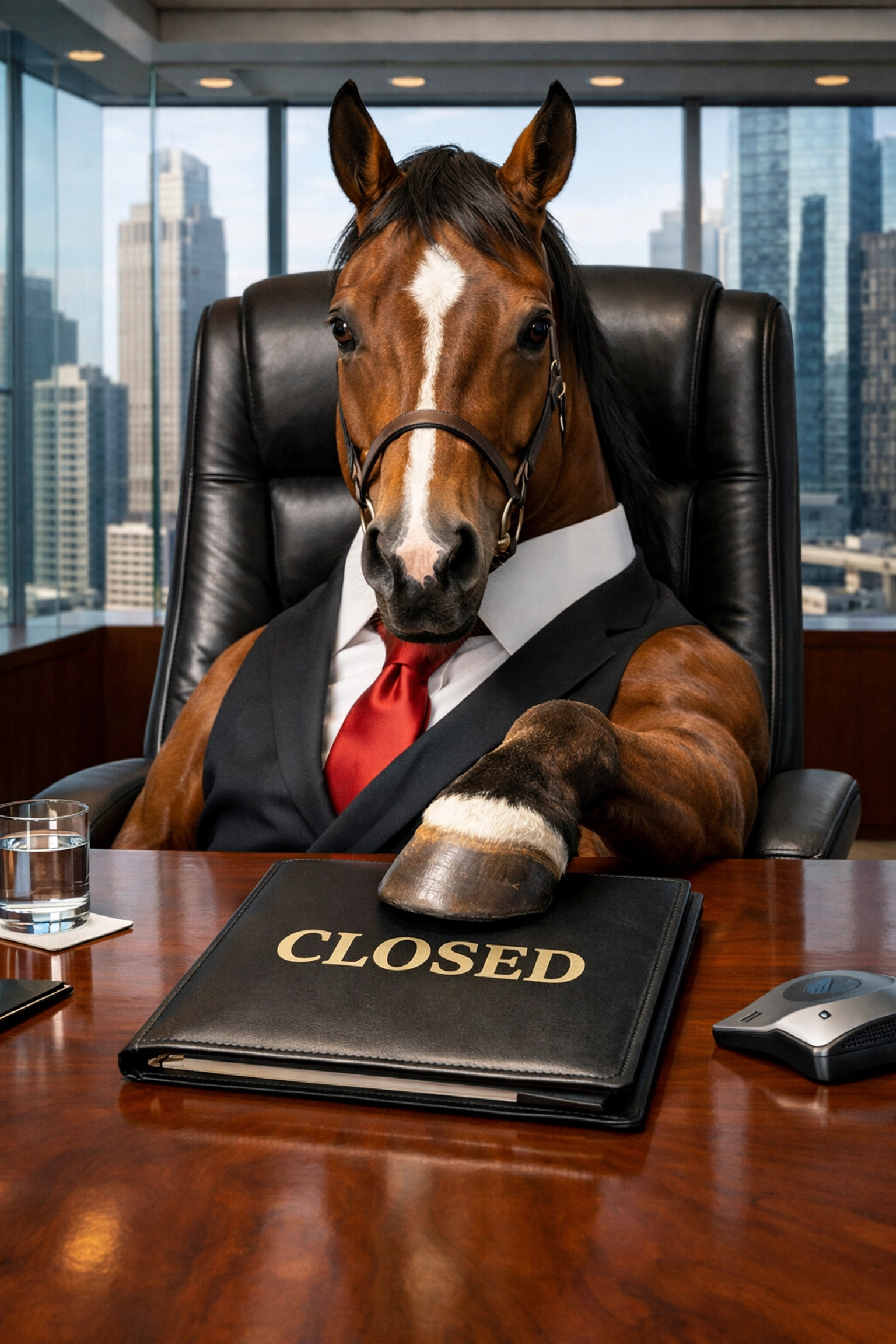 A racehorse as a CEO in a boardroom, representing elite franchise sales talent closing high-value deals.