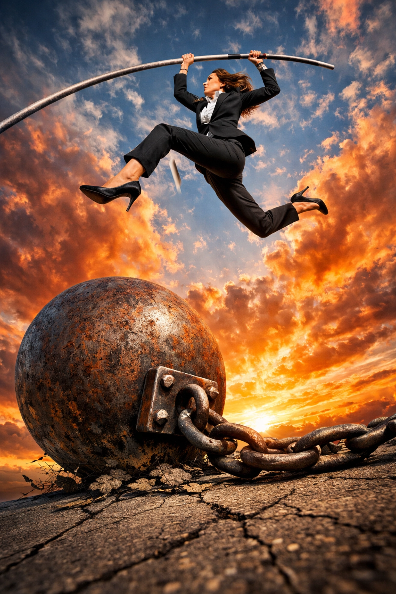 Business woman escaping a ball and chain representing freedom from rigid franchise sales organization contracts.