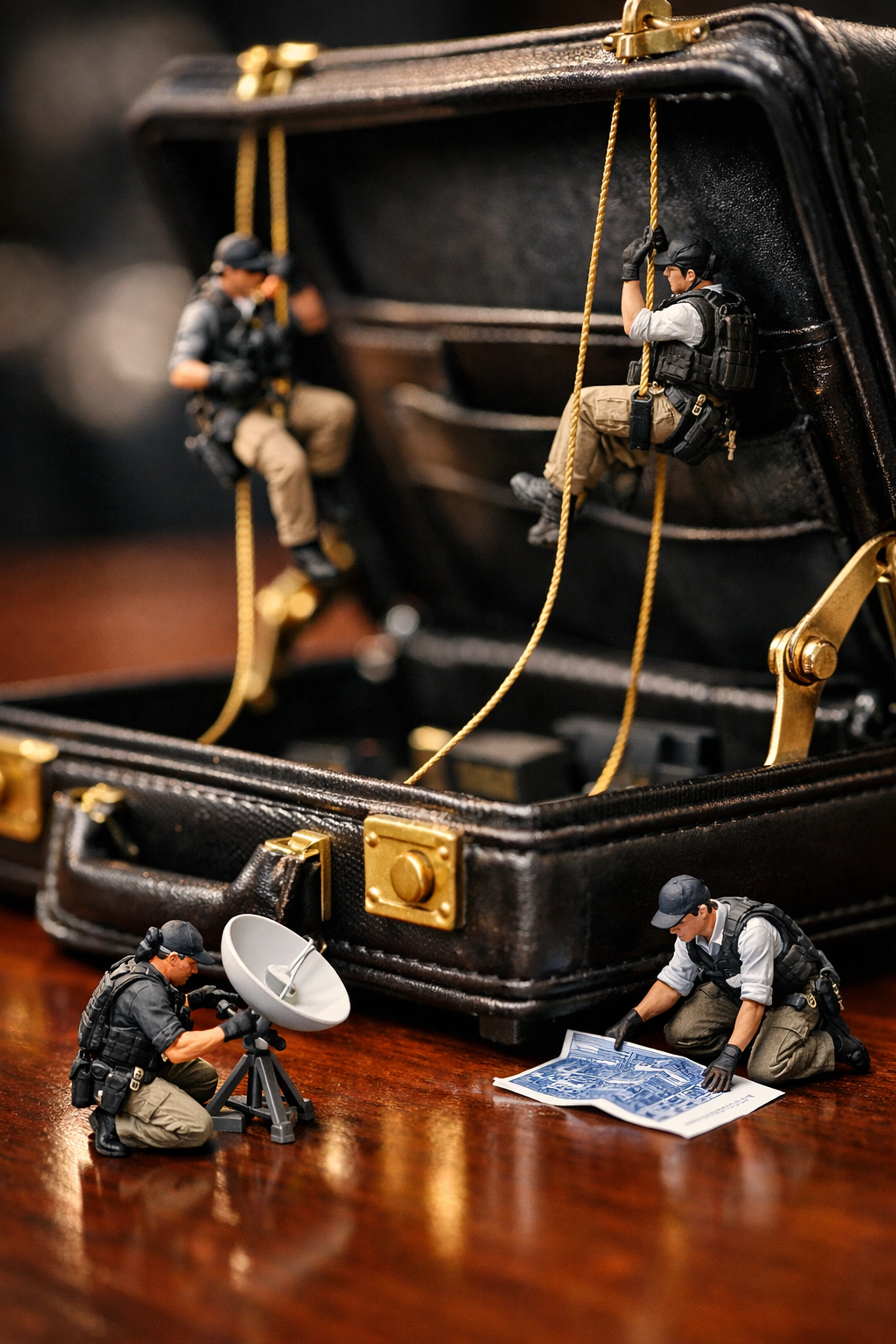 A miniature business team emerging from a briefcase, representing the talent behind fractional franchise development.