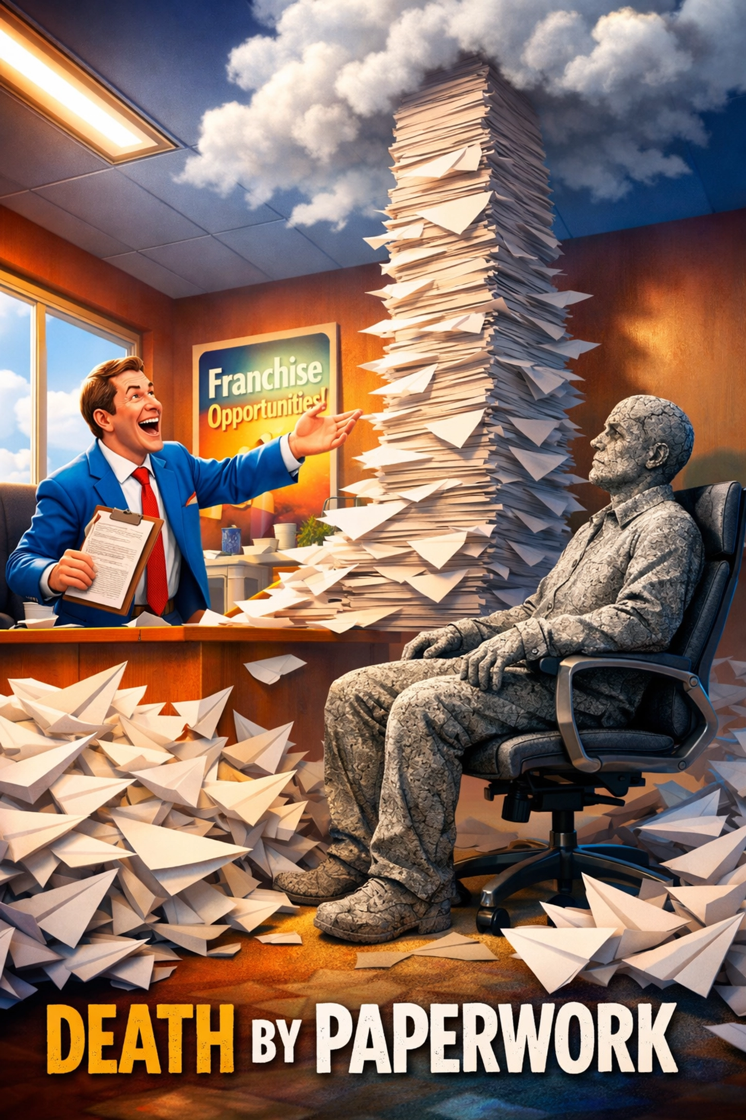 A bored investor turned to stone by paperwork, showing why franchise sales outsourcing needs a better narrative.