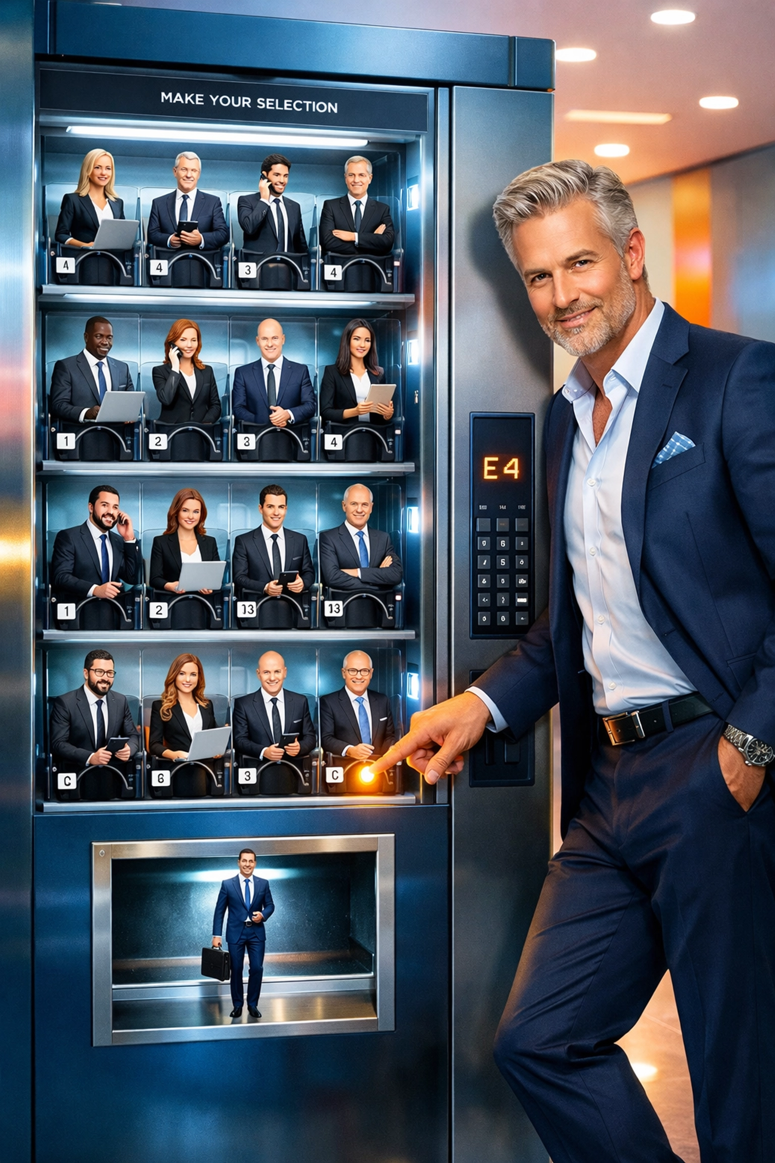 A CEO selecting elite experts from a vending machine to illustrate flexible fractional franchise development.