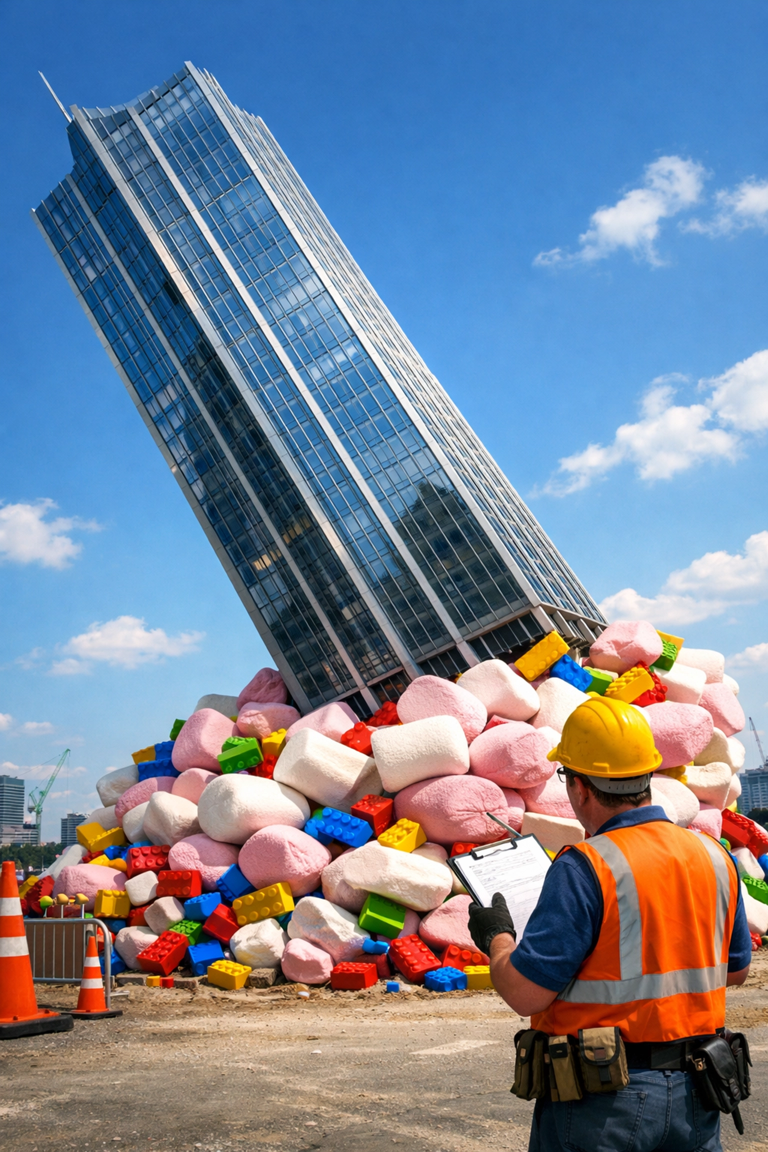 A skyscraper on a weak foundation representing the risk of scaling franchise development too fast.