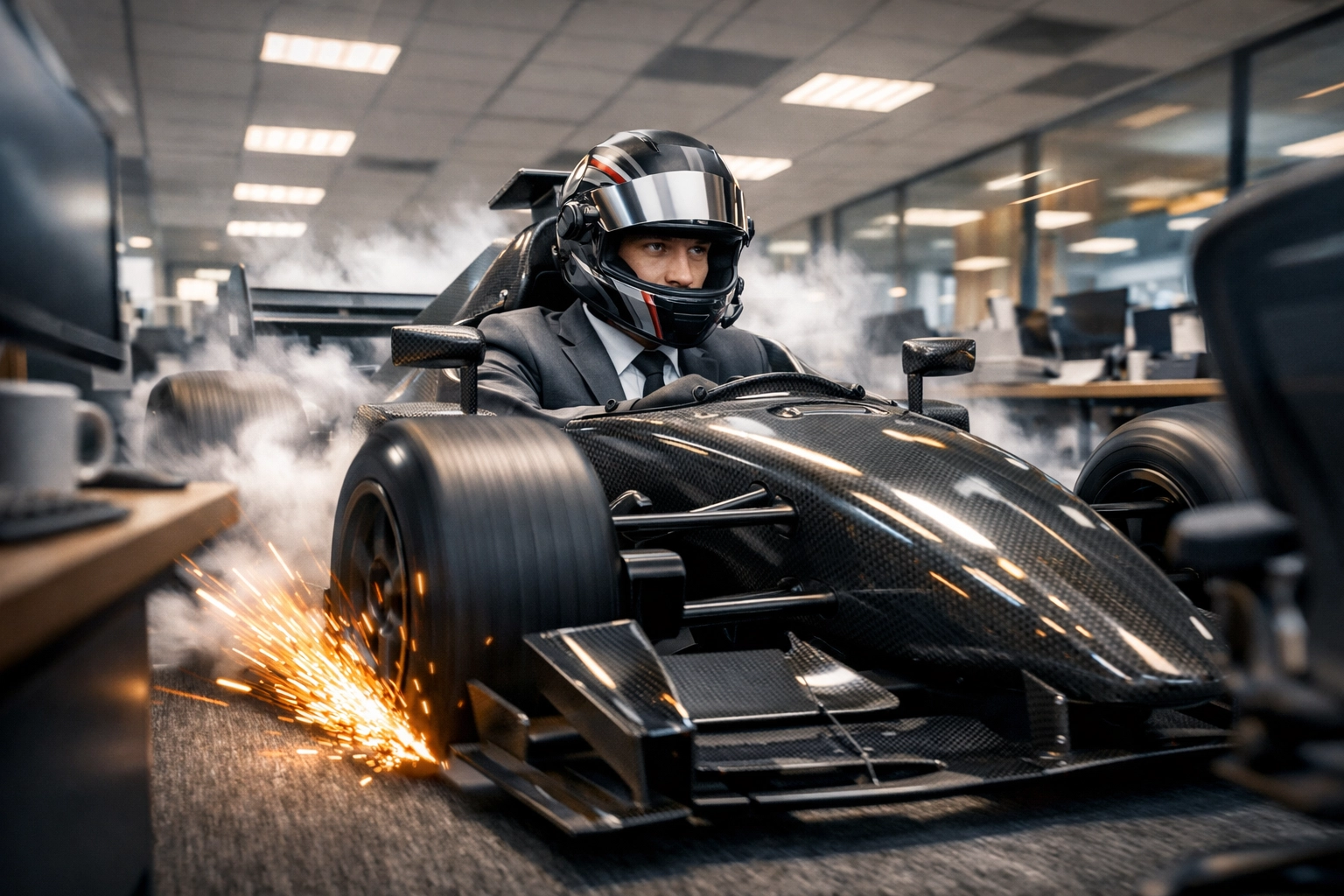 Sales executive in a race car at a desk showing fast speed to lead response times for franchise sales.