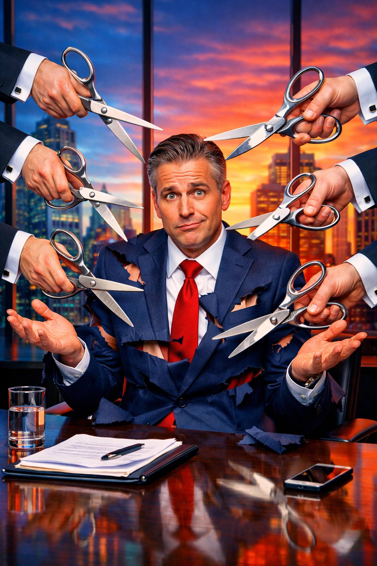 A CEO's suit being cut by scissors, symbolizing the financial drain and equity loss of a bad franchise sales hire.