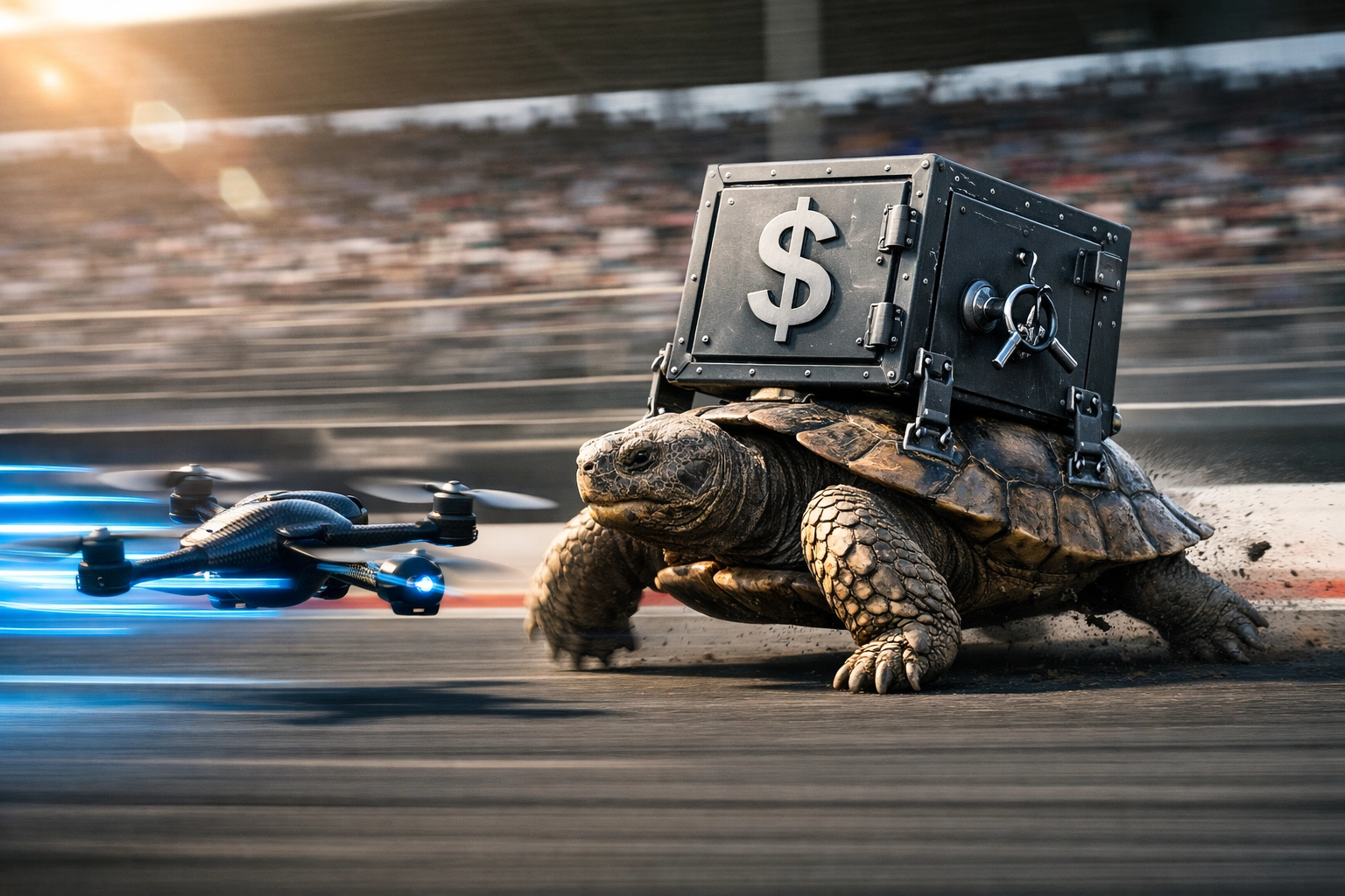 A racing drone outpacing a slow tortoise carrying a heavy safe to show fractional franchise sales ROI.
