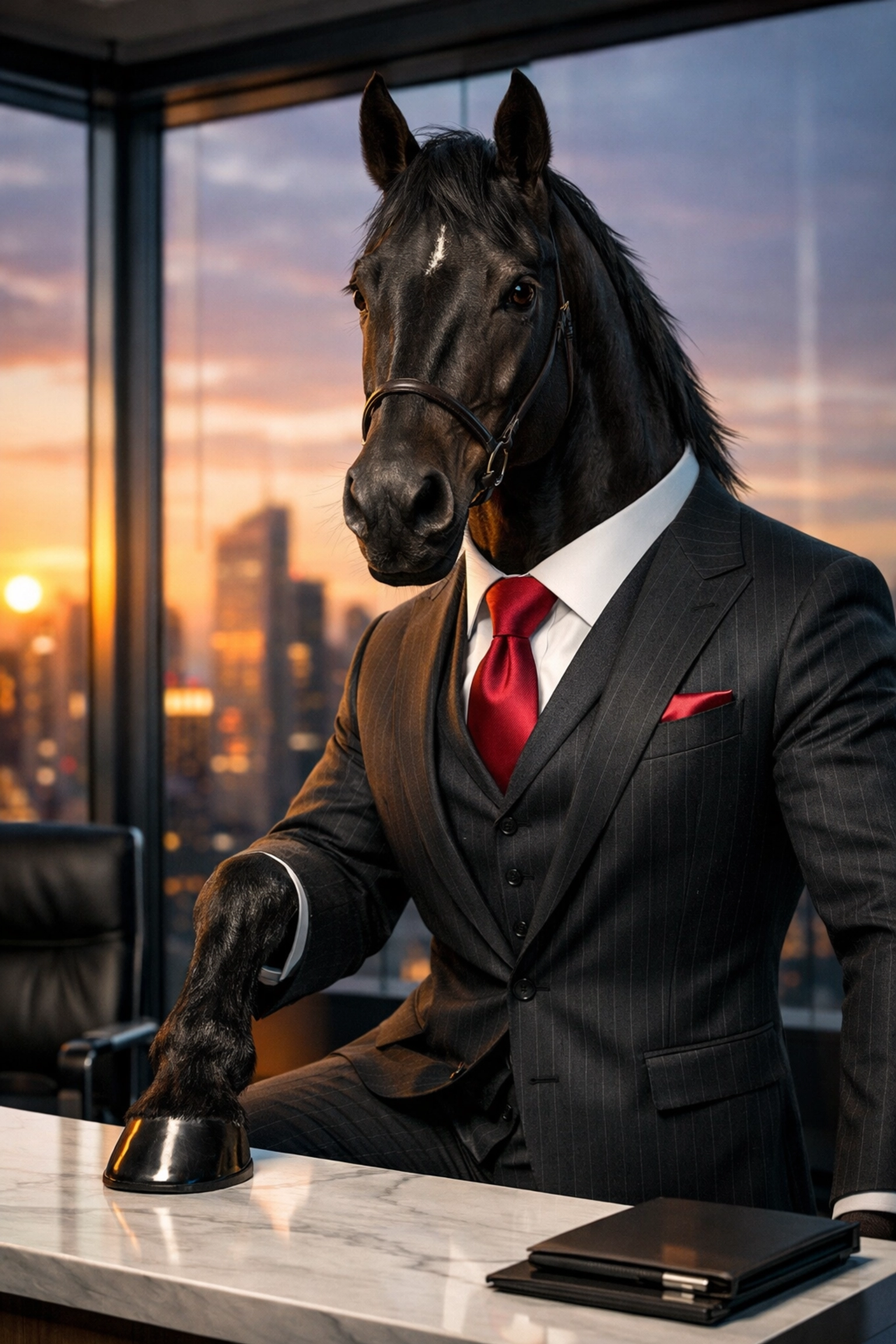 A suit-wearing racehorse in a boardroom representing an elite franchise sales closer for high-growth brands.