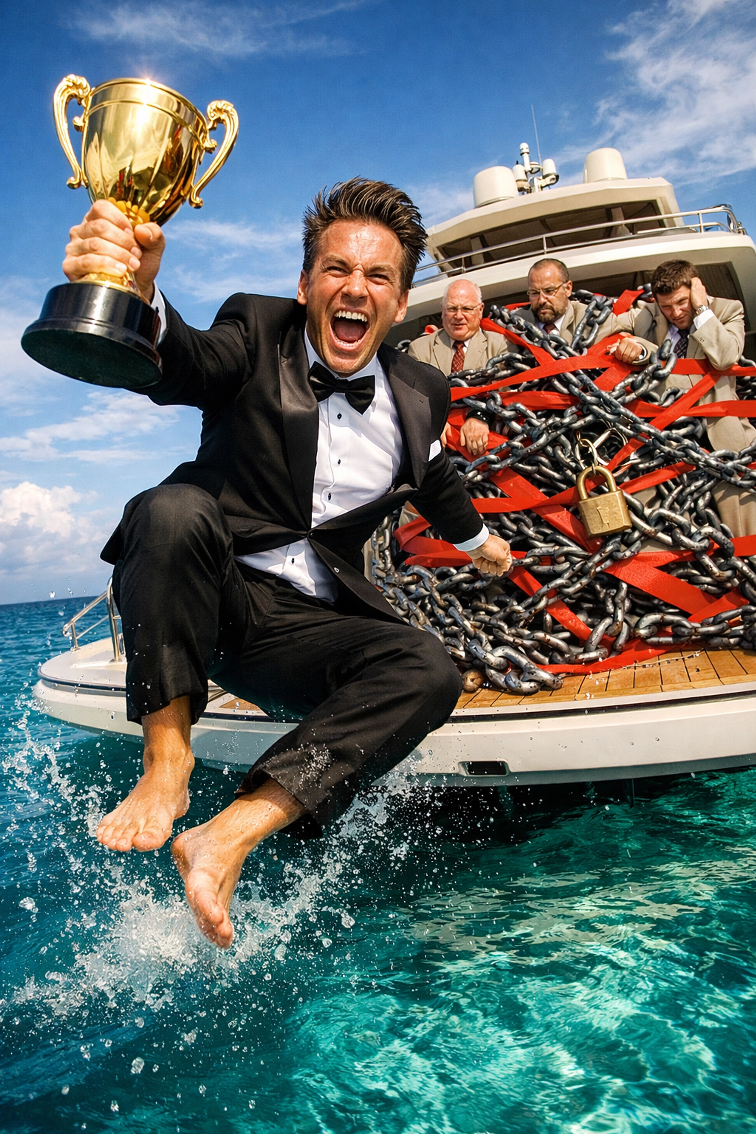 CEO jumping off a yacht with a trophy, symbolizing a successful exit free from sales partner equity.