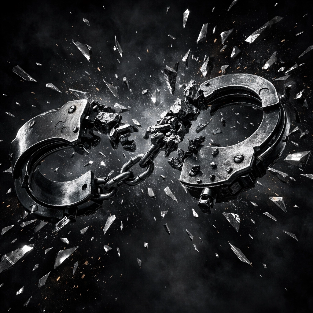 Exploding metal handcuffs representing freedom from restrictive, long-term franchise development contracts.