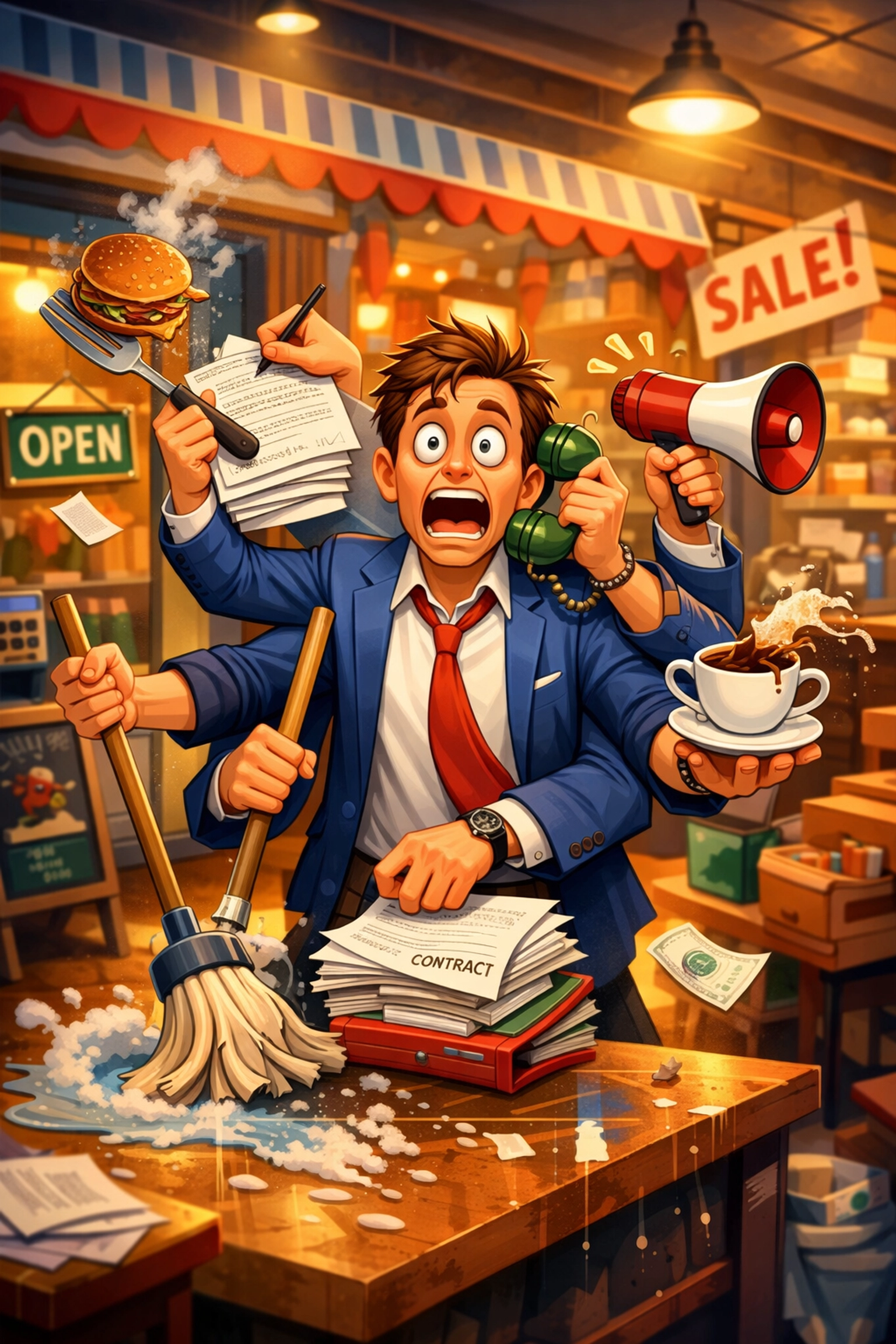 Overwhelmed business owner with multiple arms representing the need for an outsourced franchise sales organization to scale.