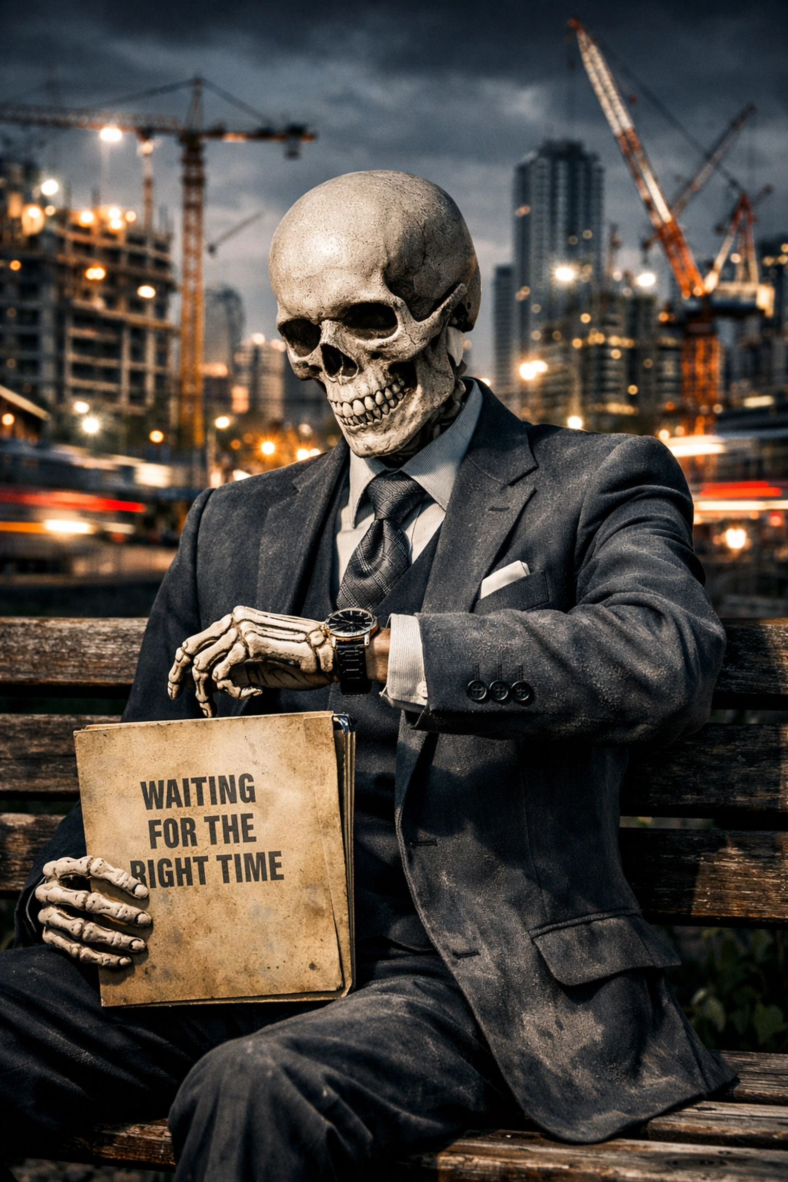 A skeleton in a suit waiting on a bench, showing the risk of waiting too long to start scaling your franchise brand.