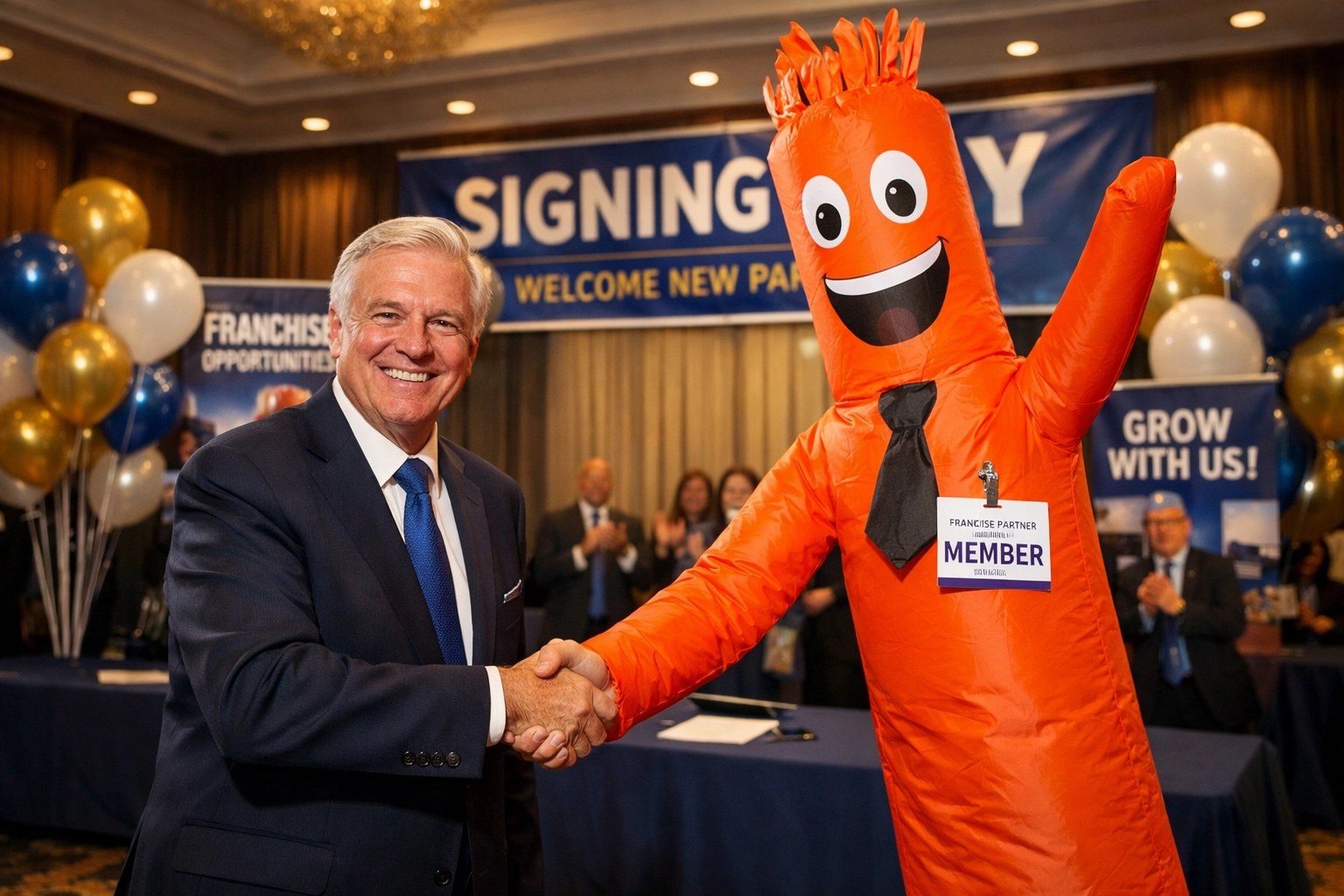 Franchise CEO shaking hands with a tube man, warning against approving unqualified leads under pressure.