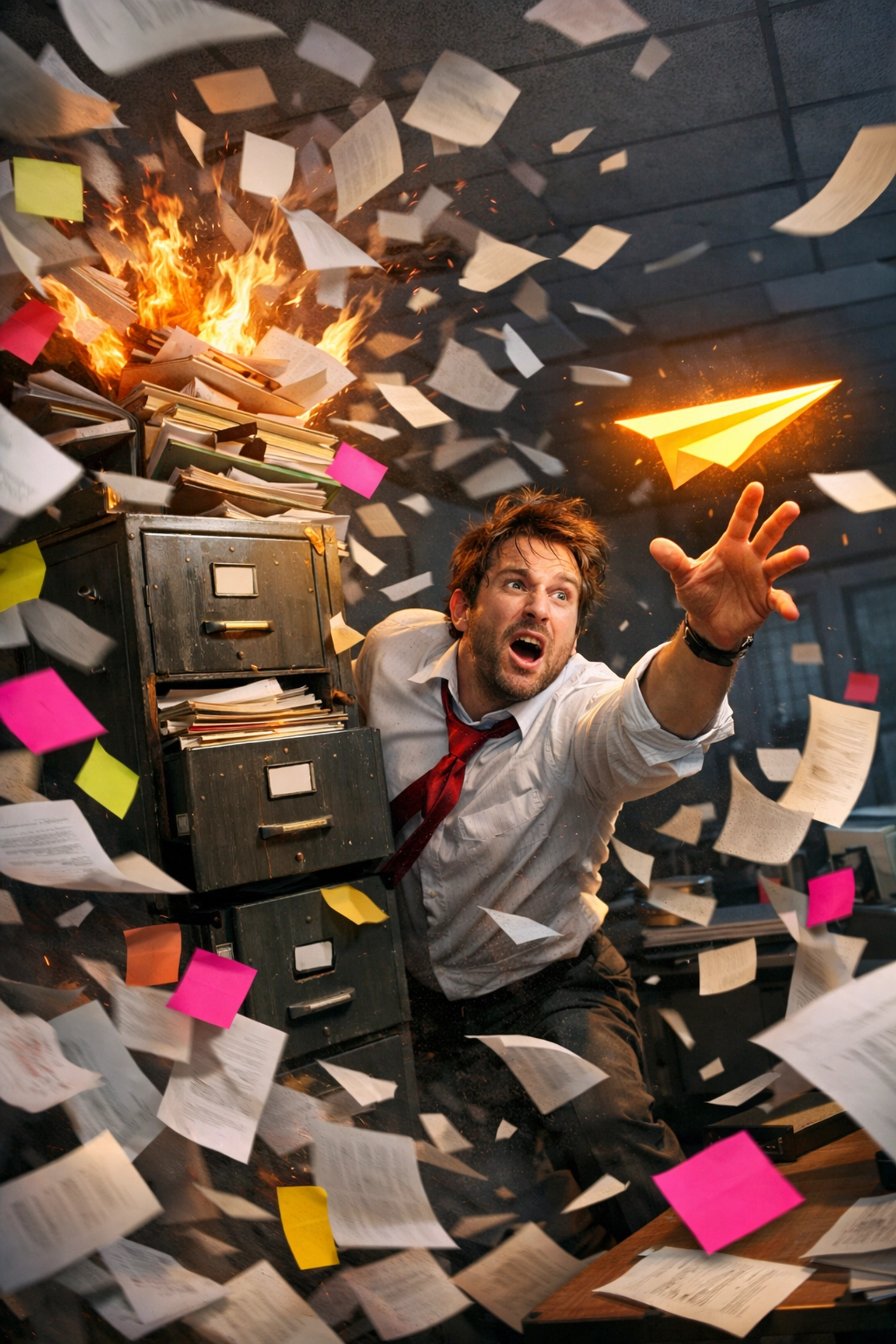 Businessman catching a golden lead amidst messy paperwork, representing precision in franchise lead generation tracking.