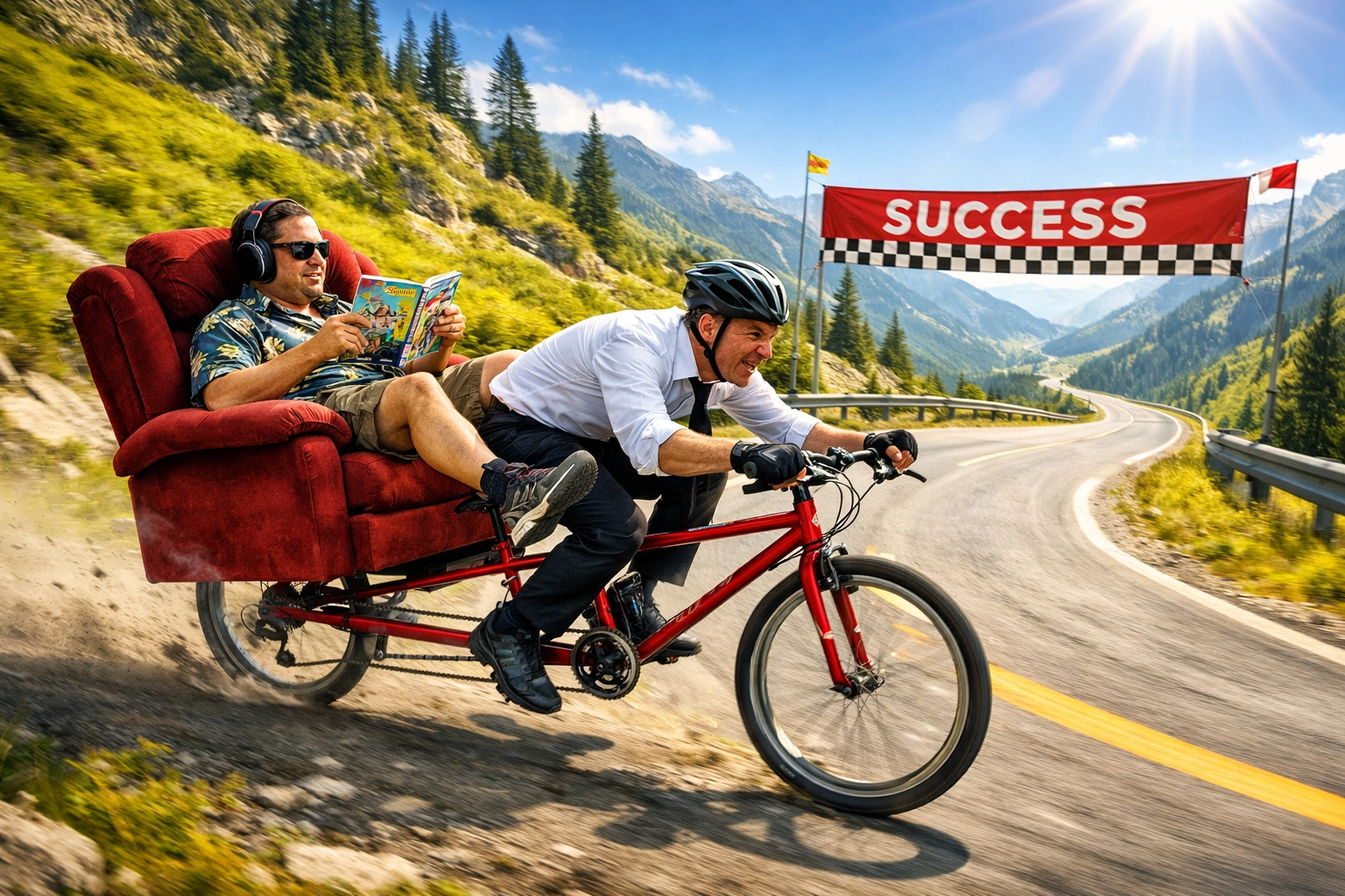 CEO pedaling a tandem bike while a passive sales vendor fails to act as a strategic growth partner.