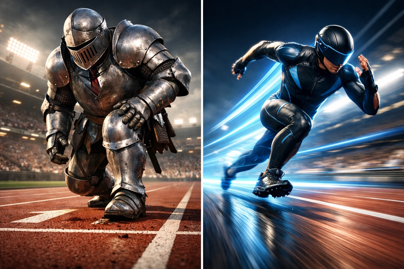 A comparison of a slow armored runner and a fast sprinter, showing the speed of fractional franchise development.