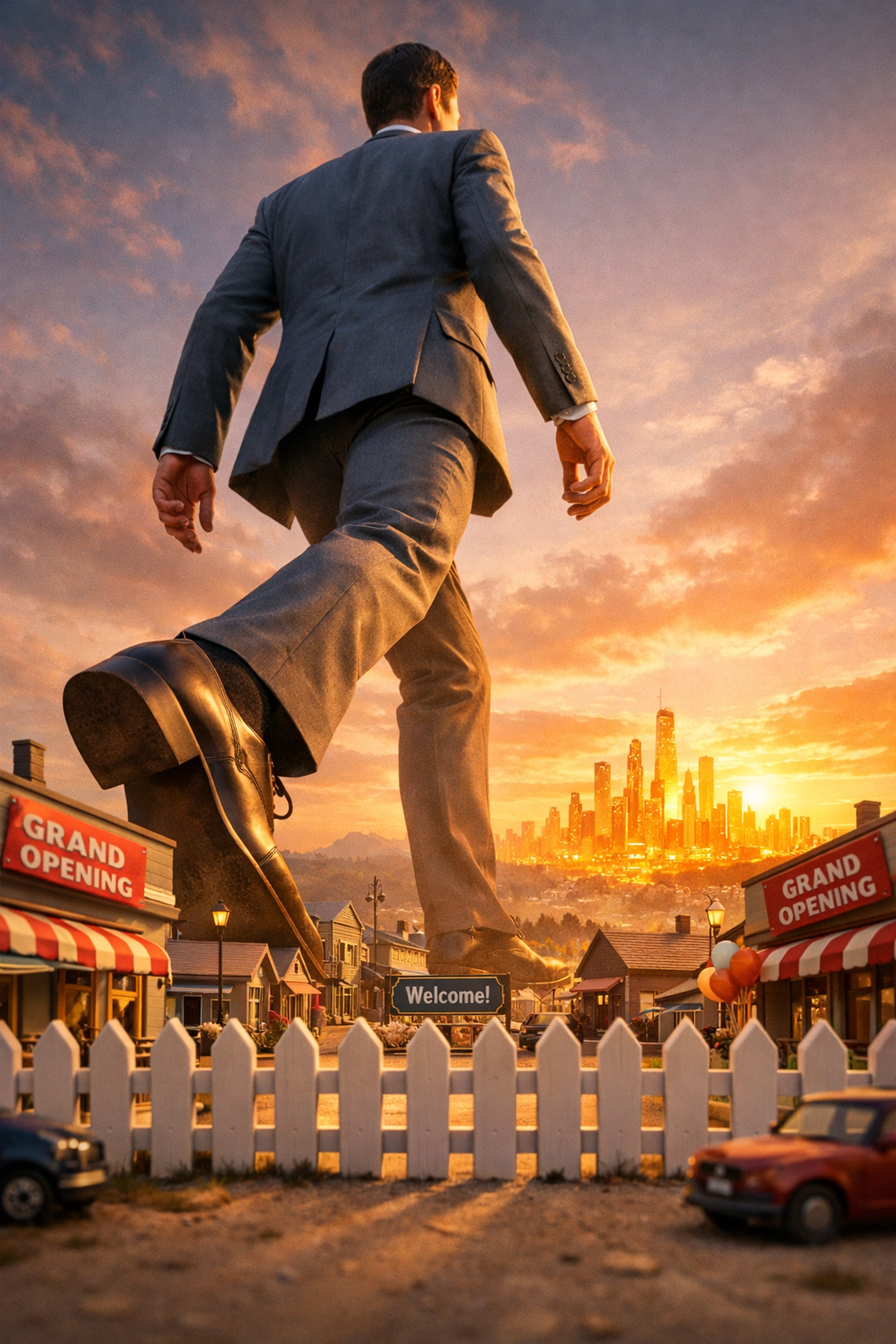 A giant businessman stepping over obstacles toward global scale for an emerging franchise.