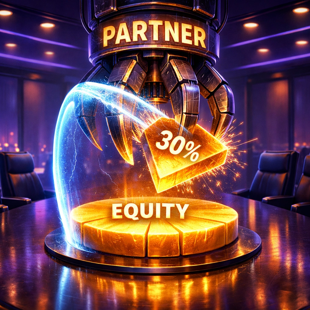 A shield protecting a golden equity pie from a robotic claw, symbolizing scaling a brand without losing ownership.