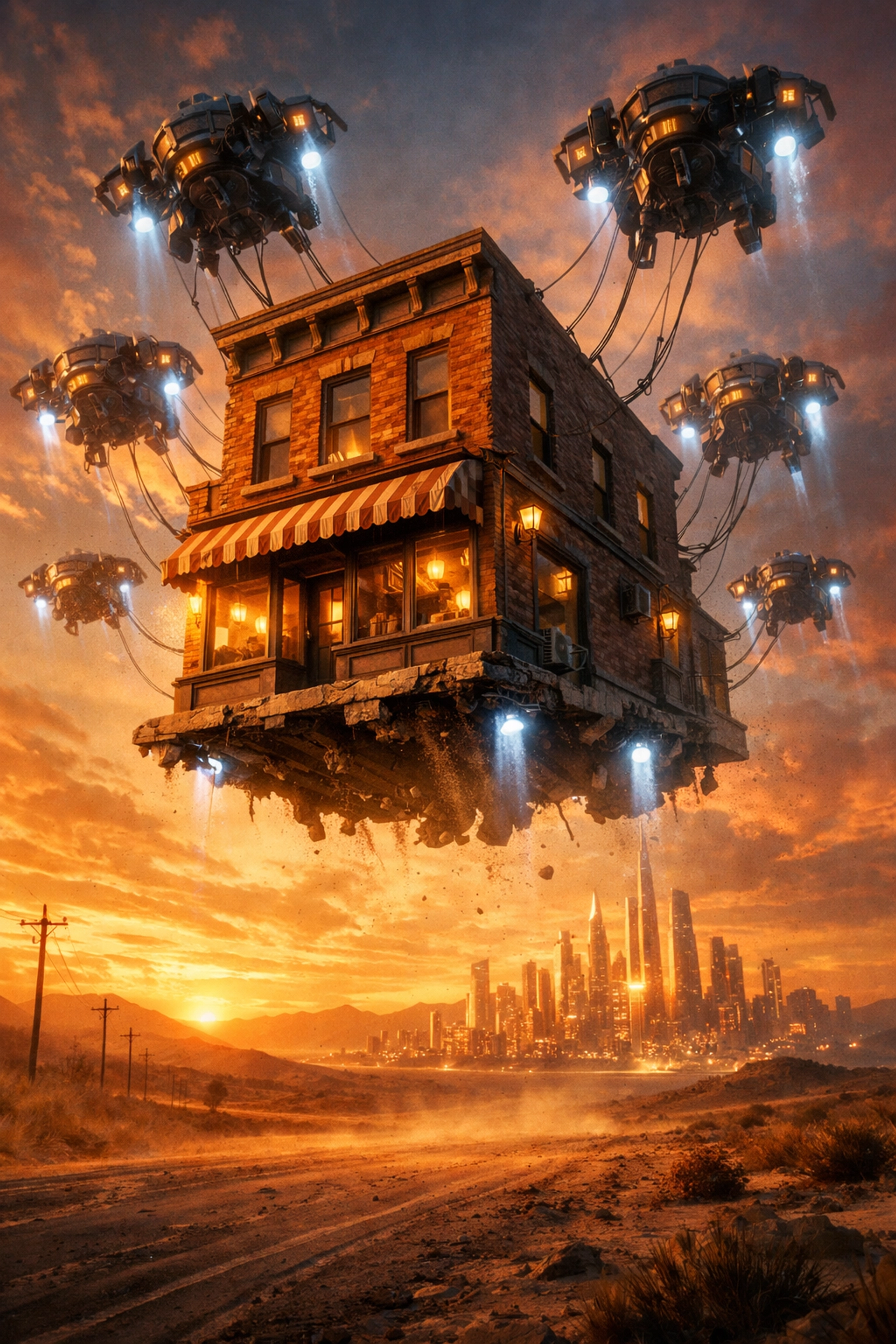 Drones lifting a building toward a city, showing how fractional franchise development helps brands scale effectively.