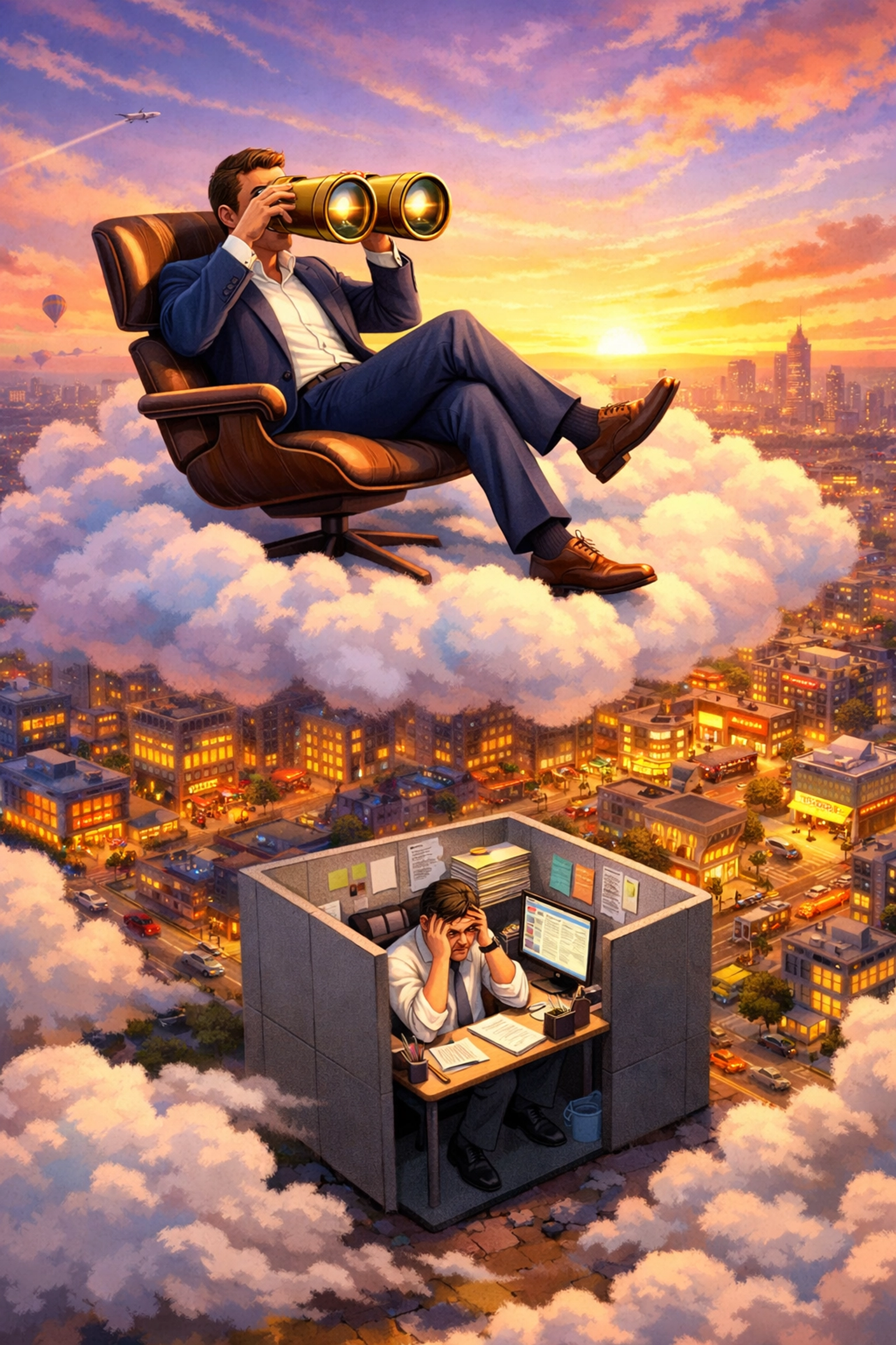 Fractional franchise development expert using binoculars from a cloud to provide high-level brand growth strategy.