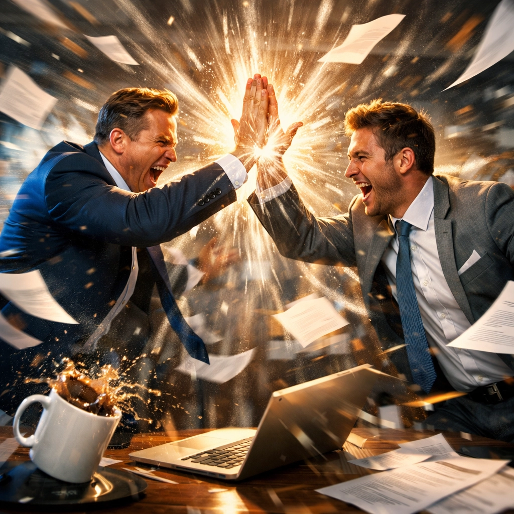 A high-energy high-five between a sales pro and new owner, celebrating a successful franchise deal closure.