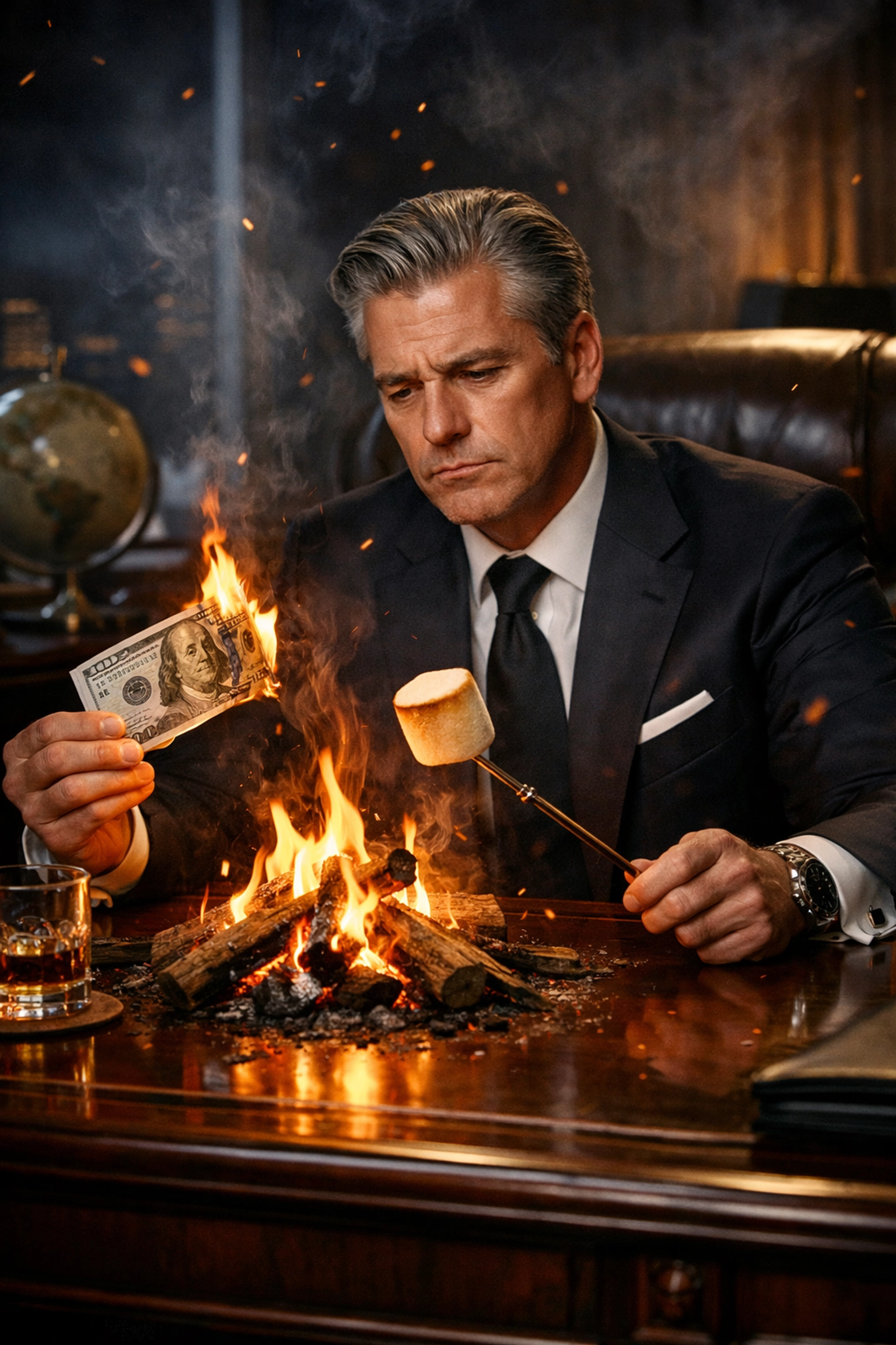 CEO burning money at a desk, showing how a bad franchise sales process wastes expensive marketing leads.