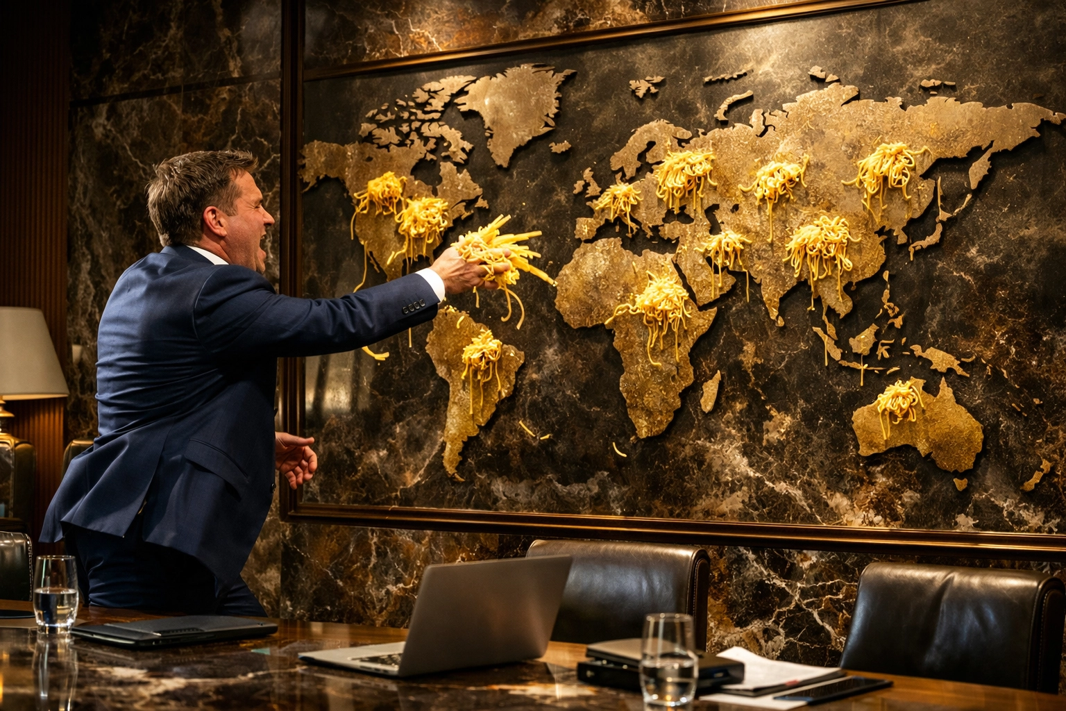 A frustrated CEO throwing spaghetti at a world map, representing a failing franchise sales strategy.