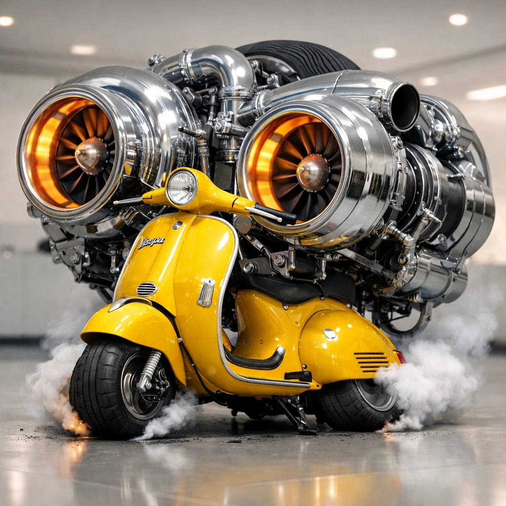 A scooter struggling under a heavy engine, symbolizing the high overhead costs of internal franchise sales hires.