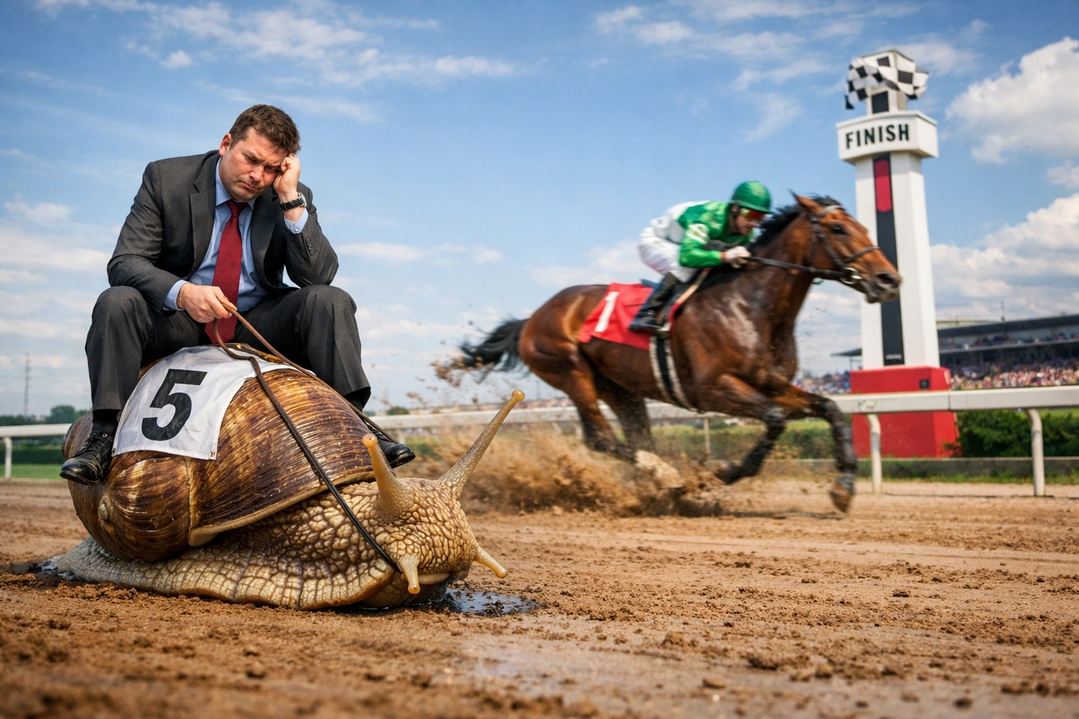 A fast racehorse closer passing a slow salesperson on a snail to show franchise sales leadership.