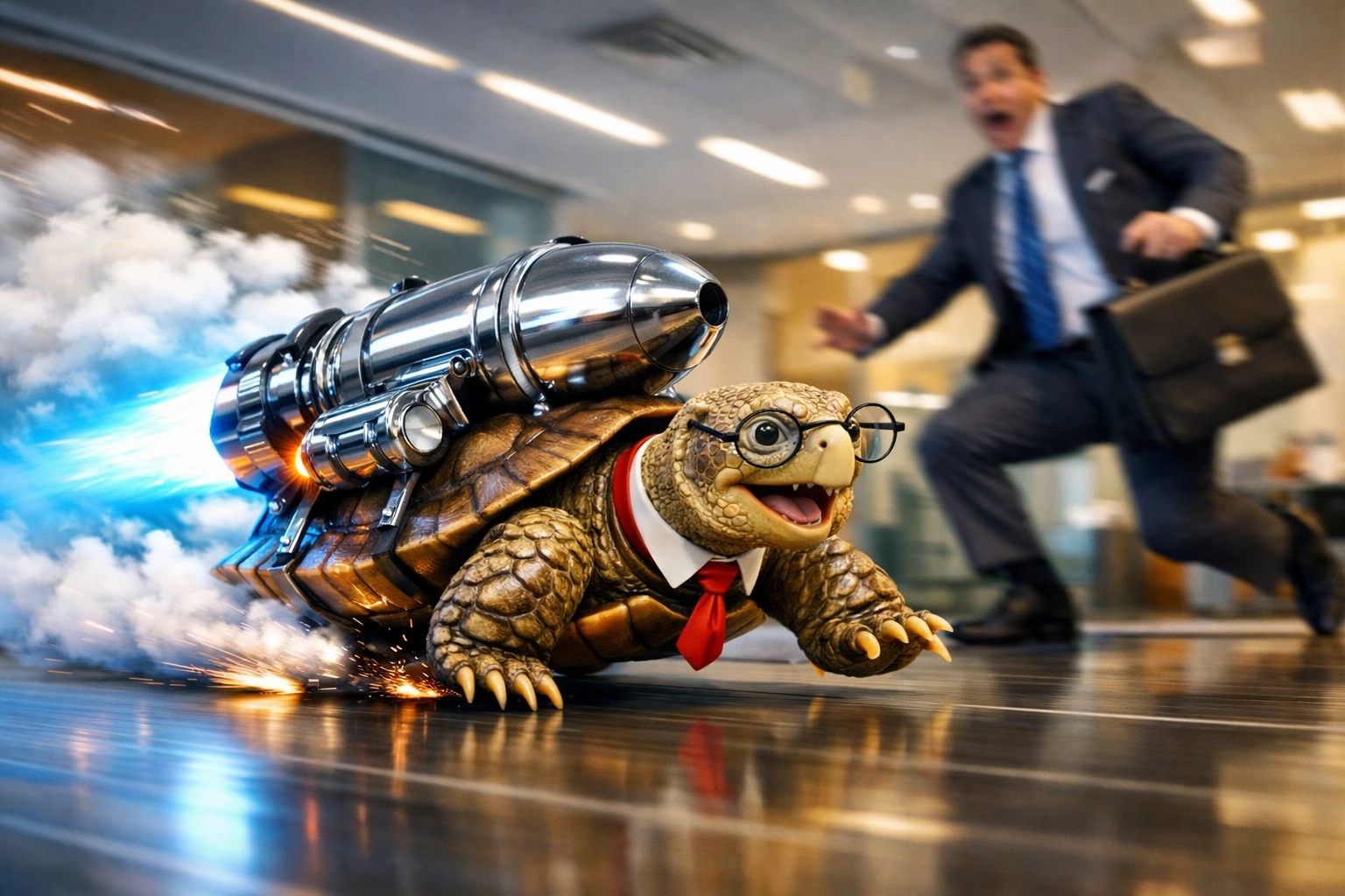 A fast tortoise with a rocket engine in an office, symbolizing rapid franchise sales growth.