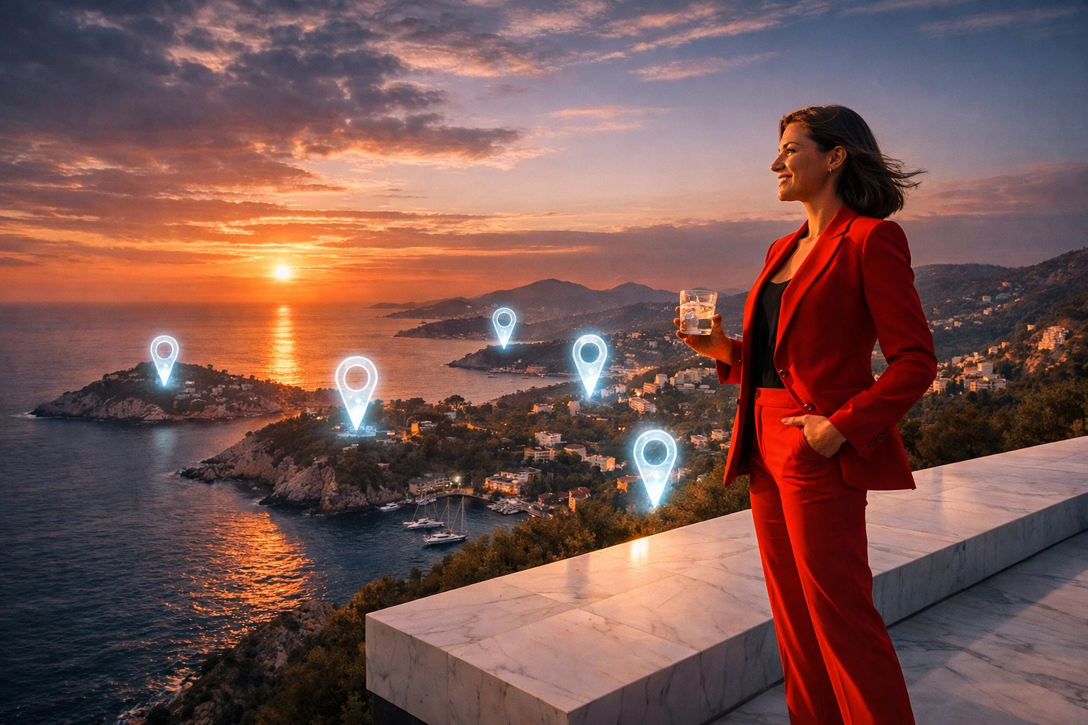 A woman CEO in a red suit views an expanding brand empire built with Fractional Franchise Development.