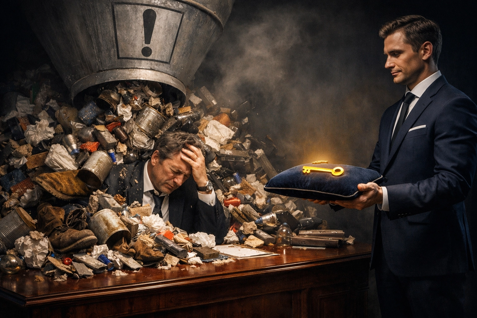 A professional offering a golden key to a CEO buried in leads, illustrating the value of fractional franchise sales.