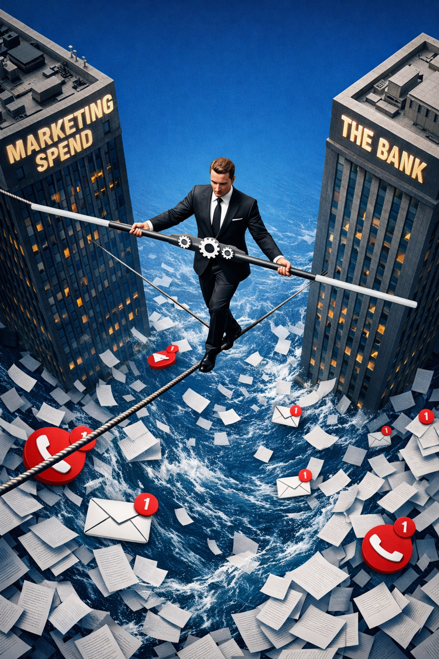 Executive tightrope walking between marketing spend and the bank to bridge the franchise sales gap.