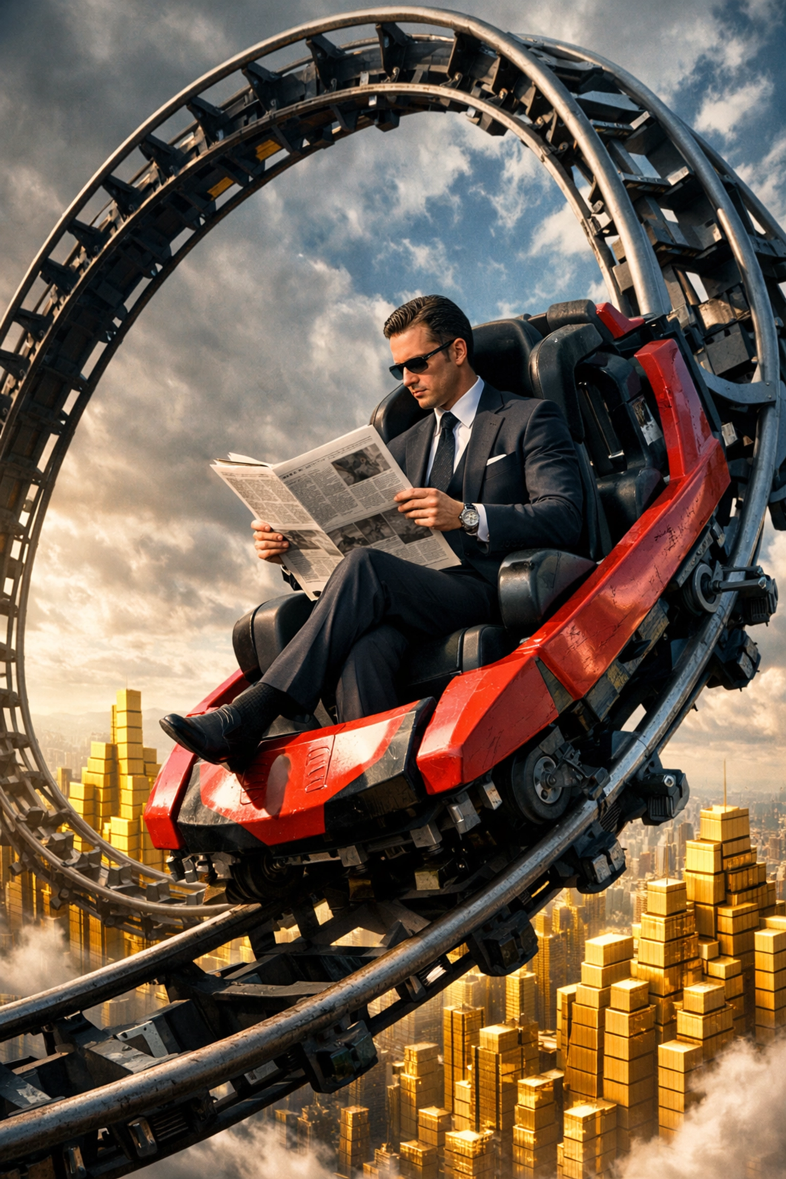 A calm businessman on a rollercoaster, illustrating expert leadership in the franchise sales process.