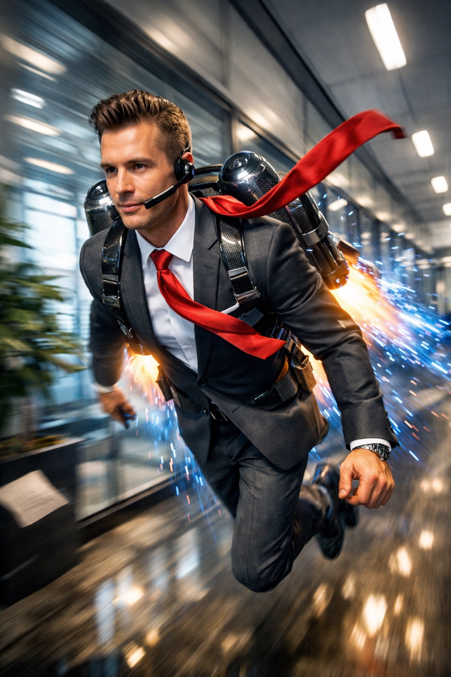 A franchise sales professional using a jetpack, representing speed to lead in a successful growth strategy.