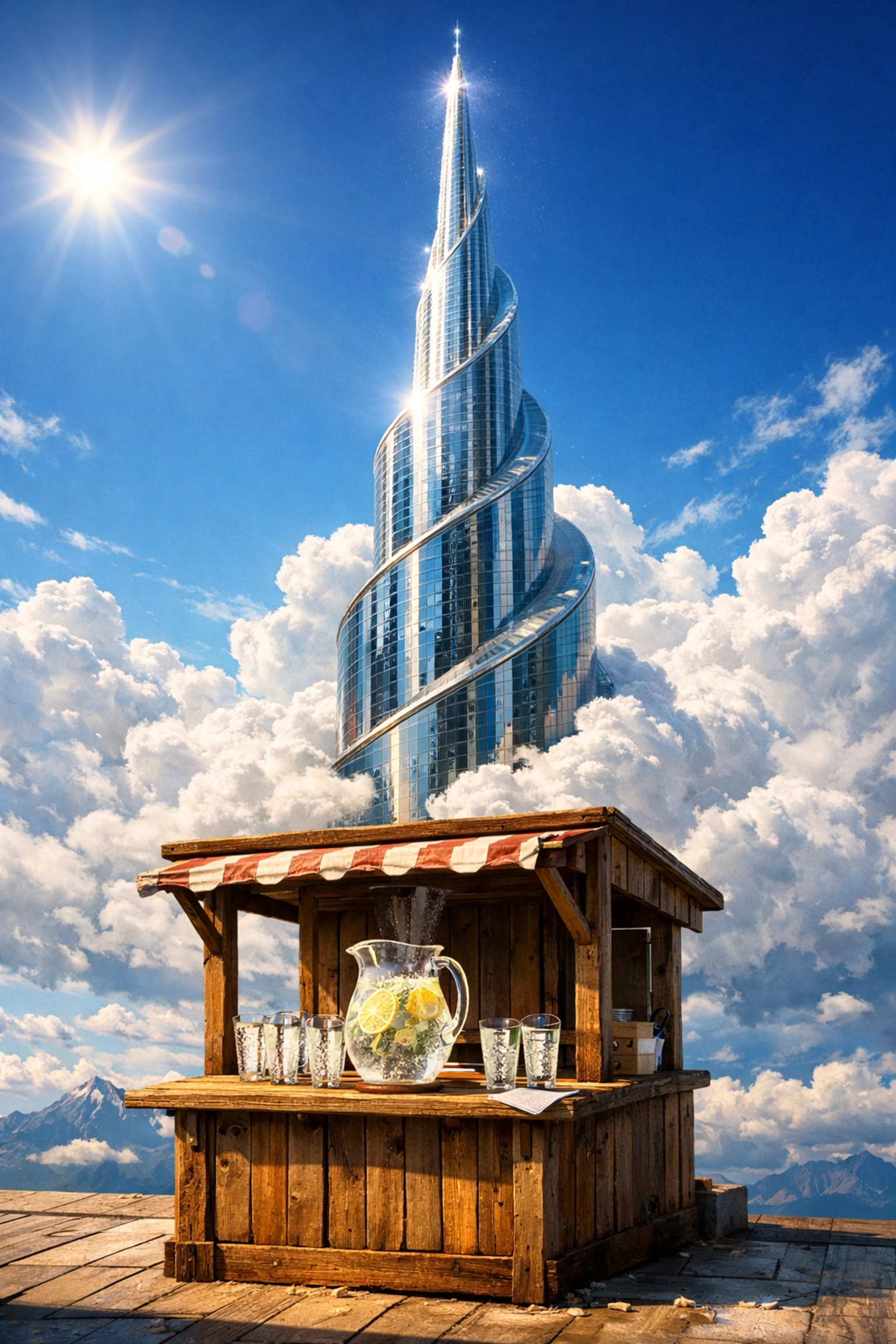 A massive skyscraper growing out of a small stand, representing the ability to scale franchise sales.