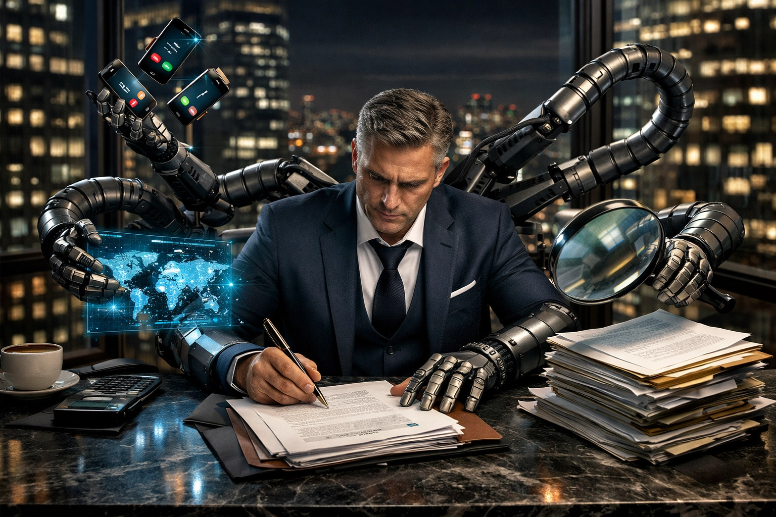 A busy CEO managing multiple franchise sales tasks simultaneously, representing the burden of in-house teams.