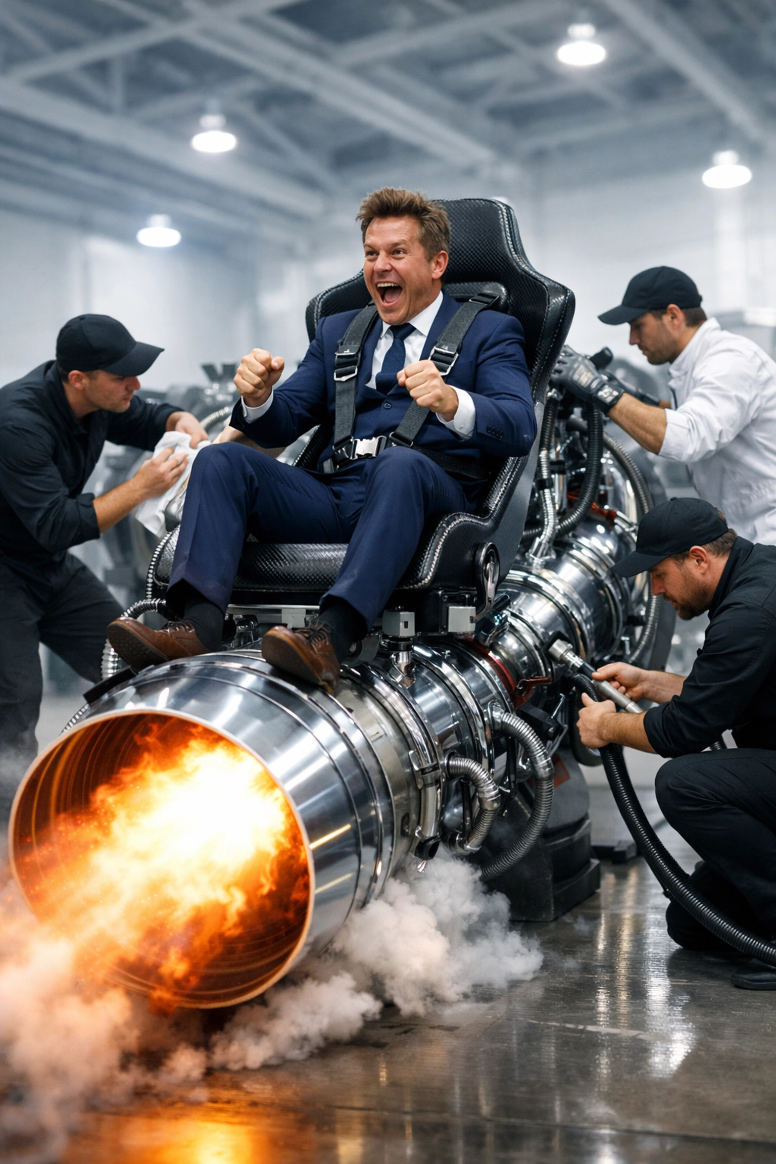 A CEO powered by a professional pit crew representing the speed and support of outsourced franchise sales.