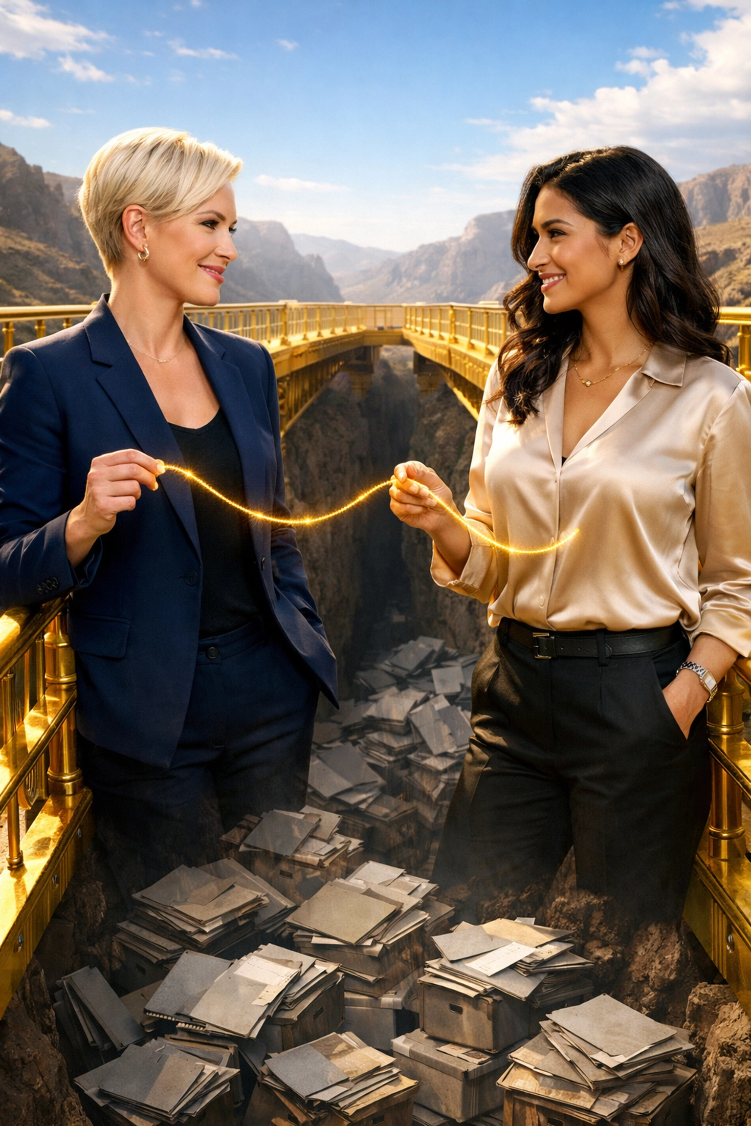 Partners on a golden bridge avoiding bad leads with strategic Fractional Franchise Development.